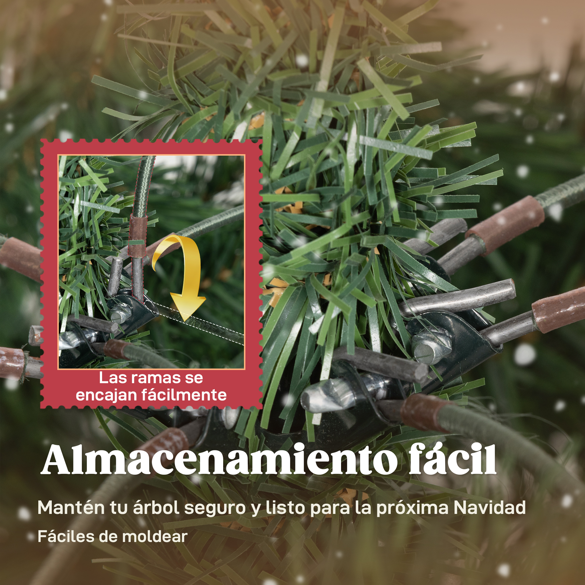 Primer plano de un árbol de Navidad artificial que muestra puntos de conexión fáciles.