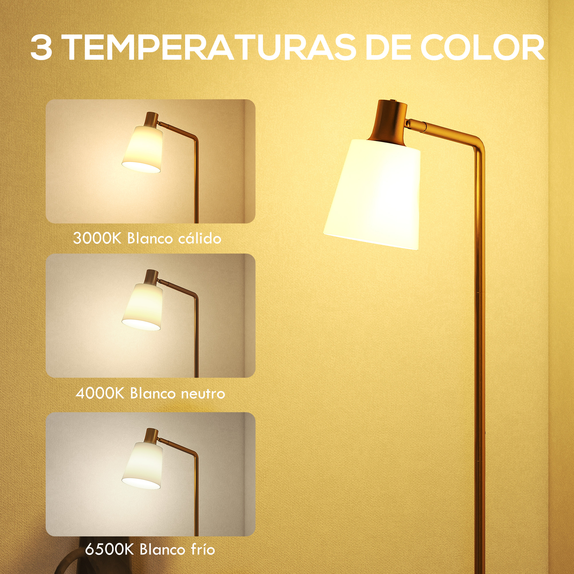 Lámpara de pie muestra tres temperaturas de color: blanco cálido, neutro y frío.