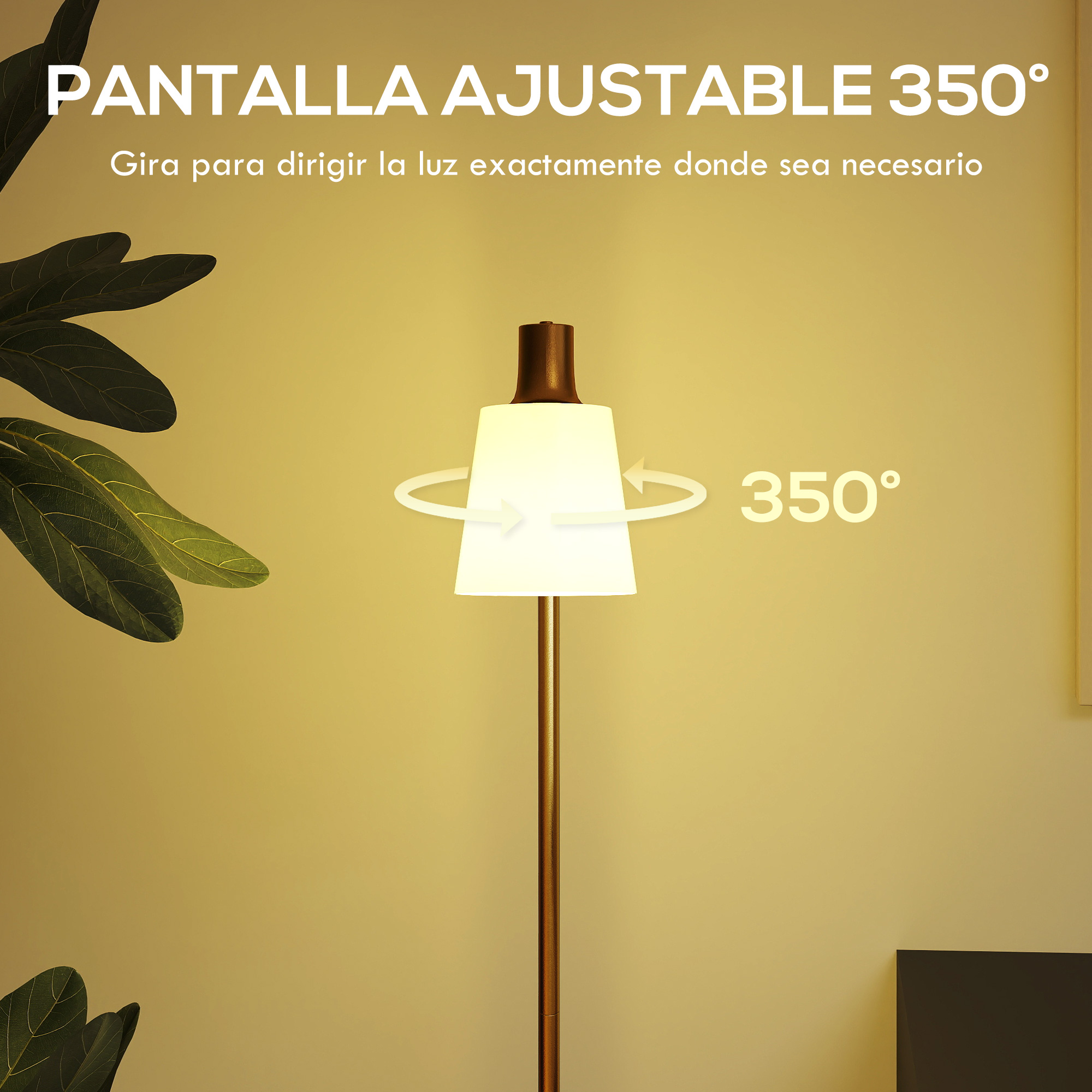 Lámpara de pie con pantalla ajustable 350 grados. Hojas verdes en primer plano.