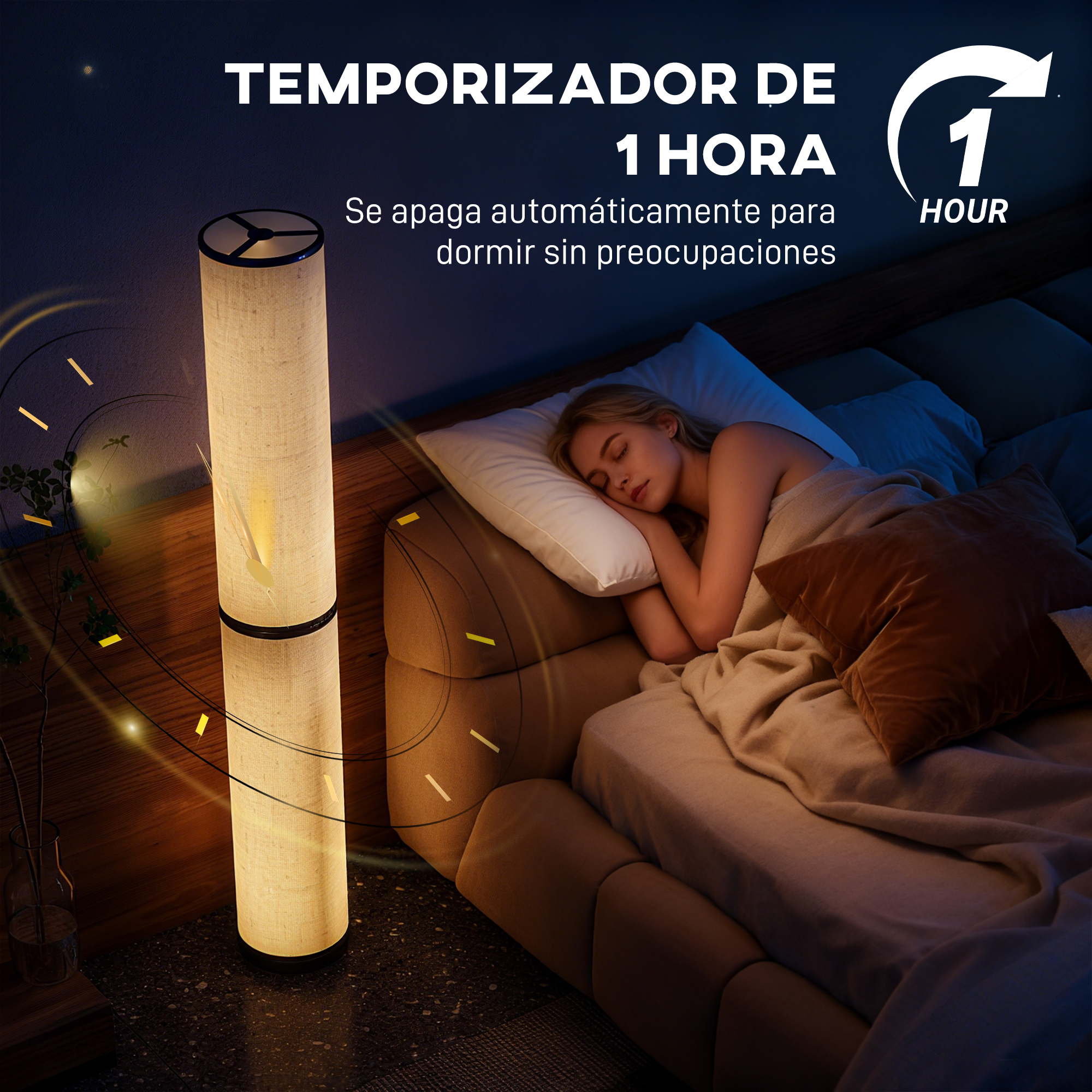 Mujer duerme en cama, lámpara de pie cerca. Temporizador 1 hora.