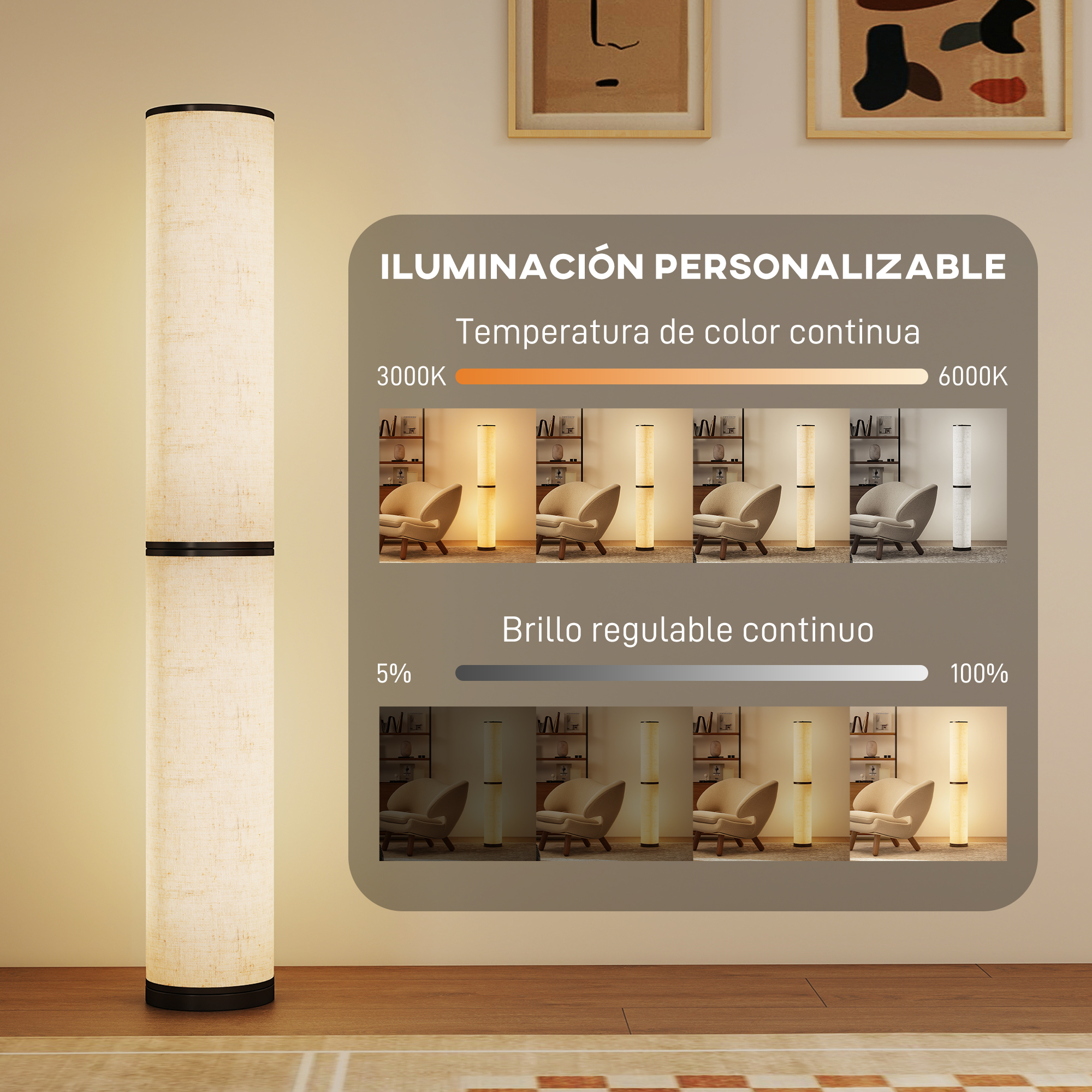 Se muestra una lámpara de pie con diferentes colores de luz y brillo.