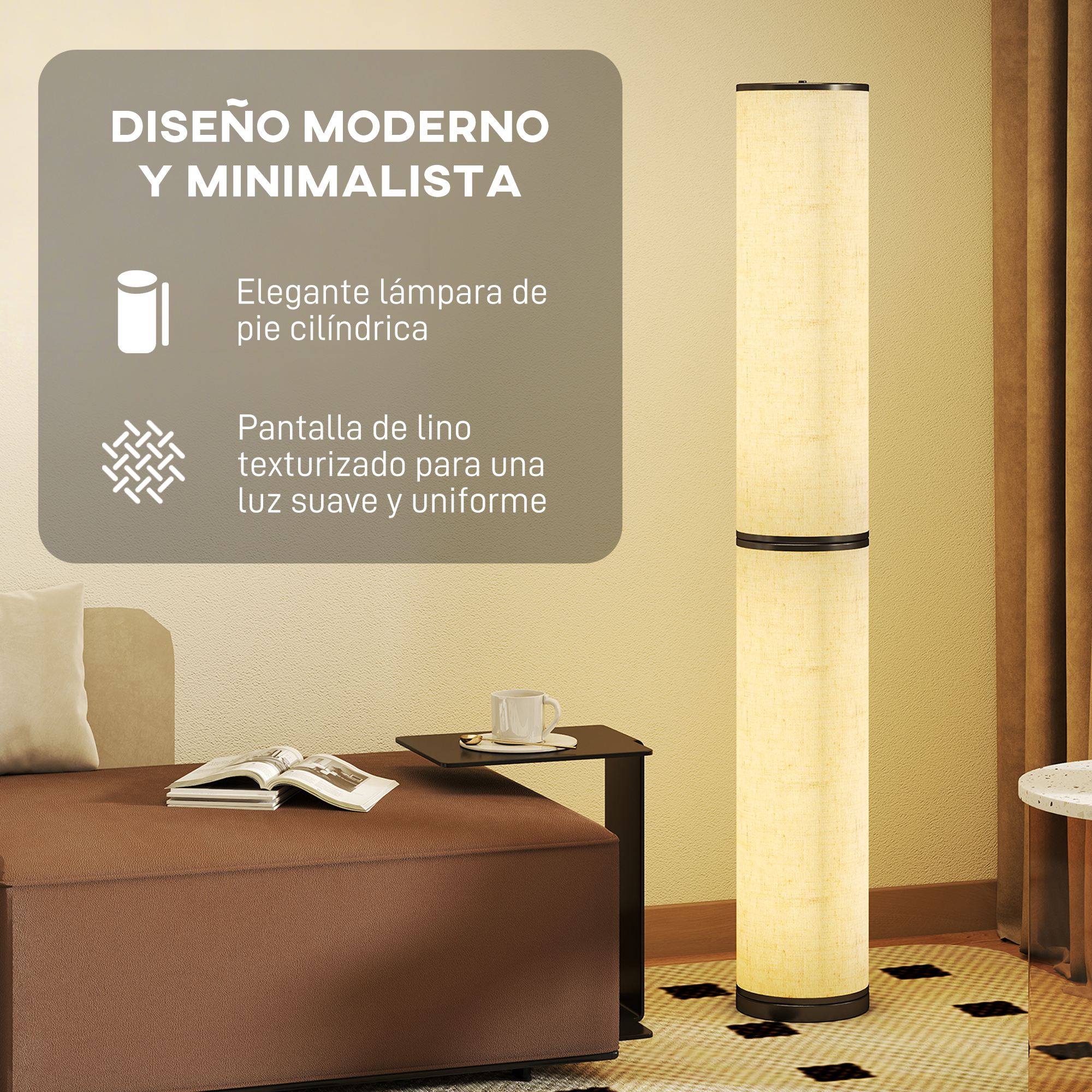 Una lámpara de pie cilíndrica y brillante con pantalla de lino junto a un sofá.