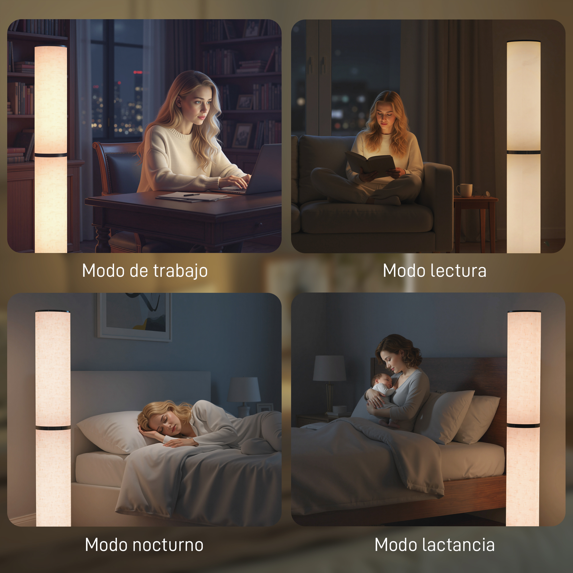 Cuatro escenas: Mujer en laptop, leyendo, durmiendo, con bebé.
