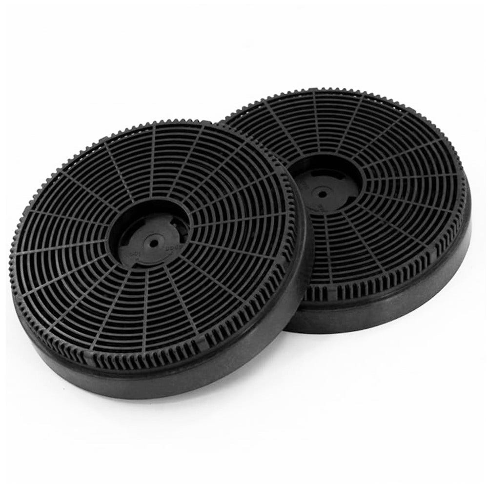 Due filtri rotondi a carbone nero per cappe da cucina uno accanto all'altro.