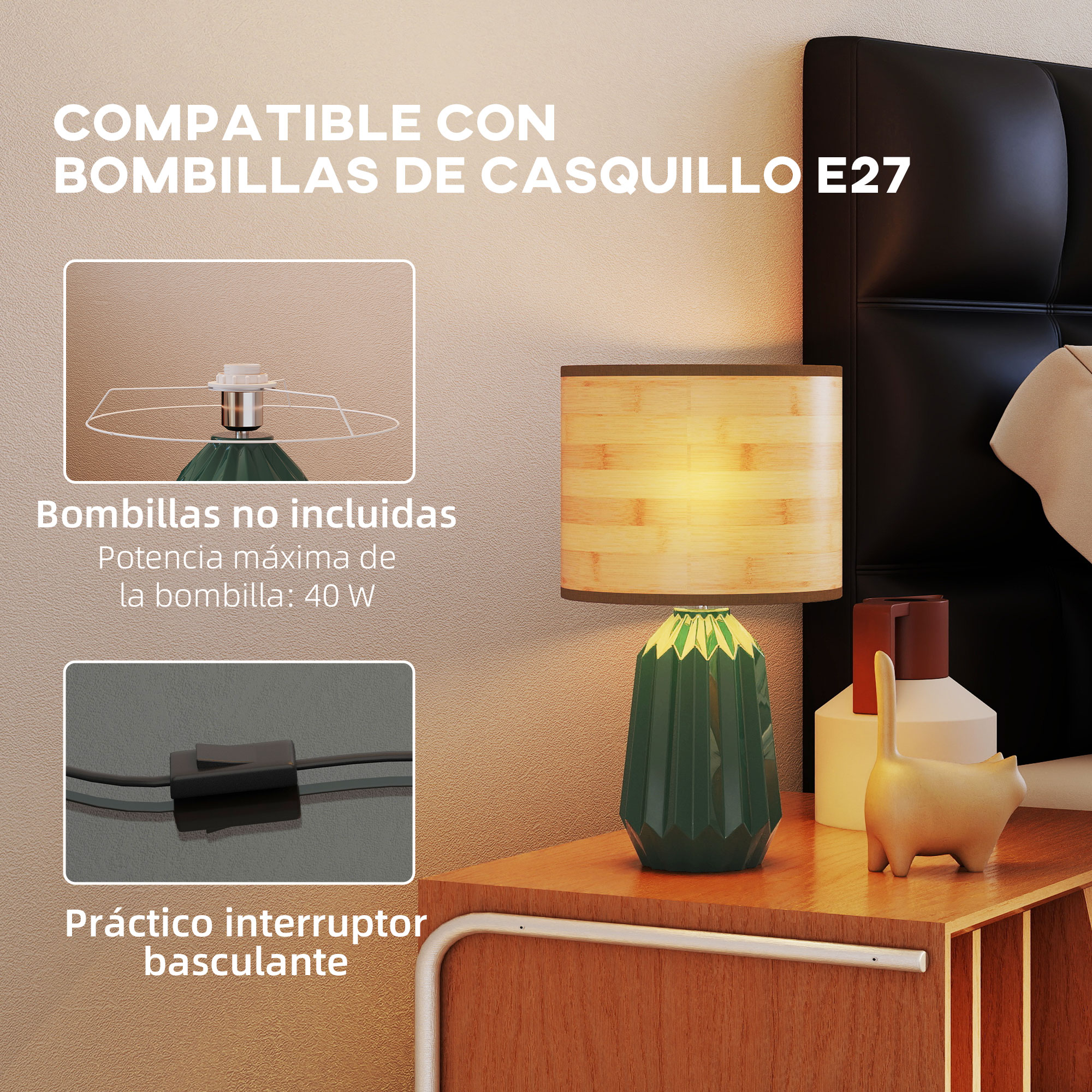 Lámpara verde con pantalla de bambú en mesita de noche, compatible E27.
