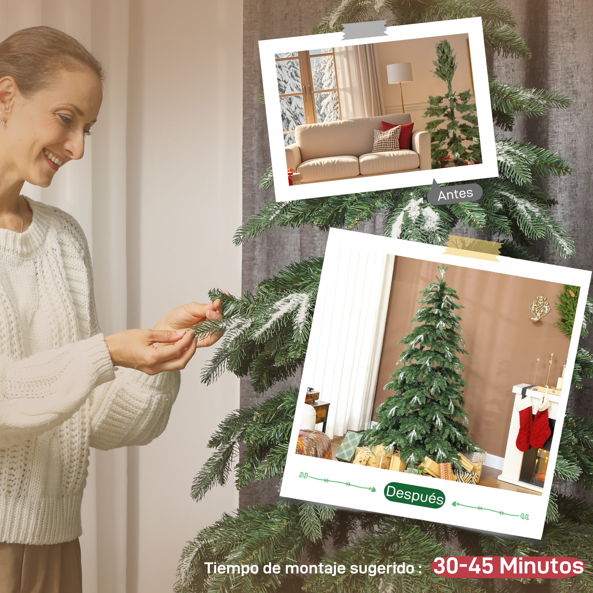 Mujer decorando árbol de Navidad. Fotos antes y después muestran el árbol.