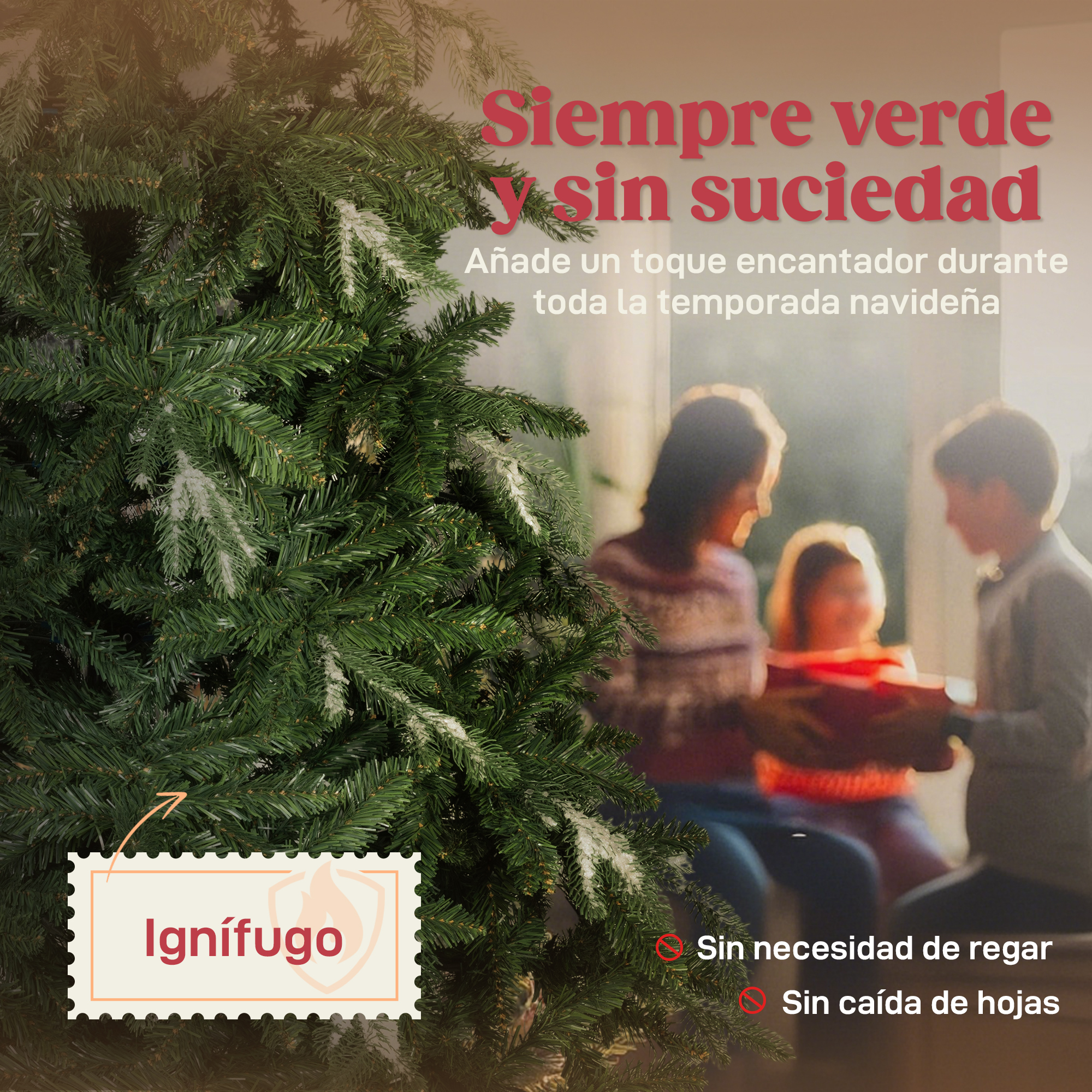 Árbol de Navidad verde con familia. Ignífugo, sin riego, sin caída de hojas.