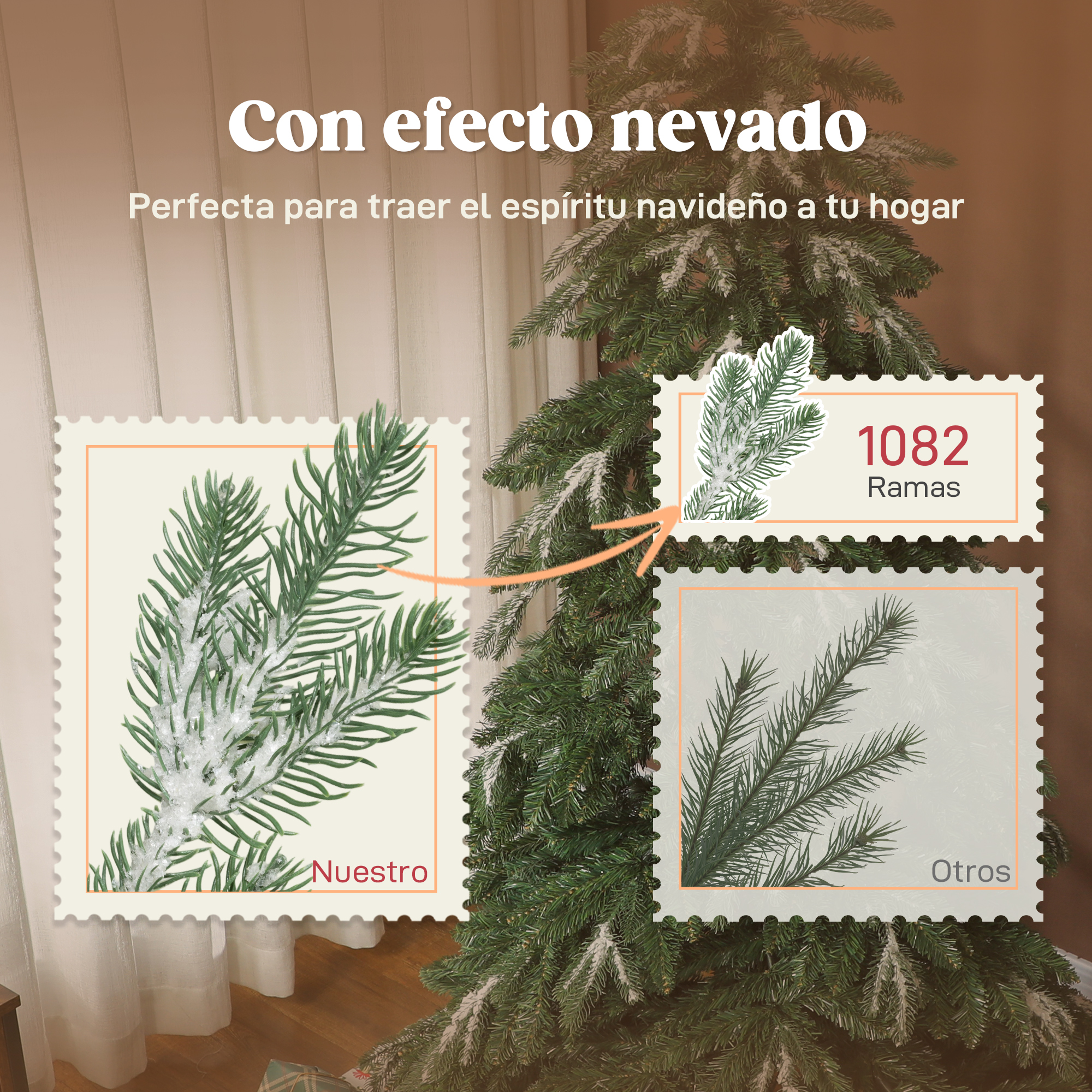 Abeto con efecto nevado. Primeros planos de ramas, 'Nuestro' y 'Otros'.