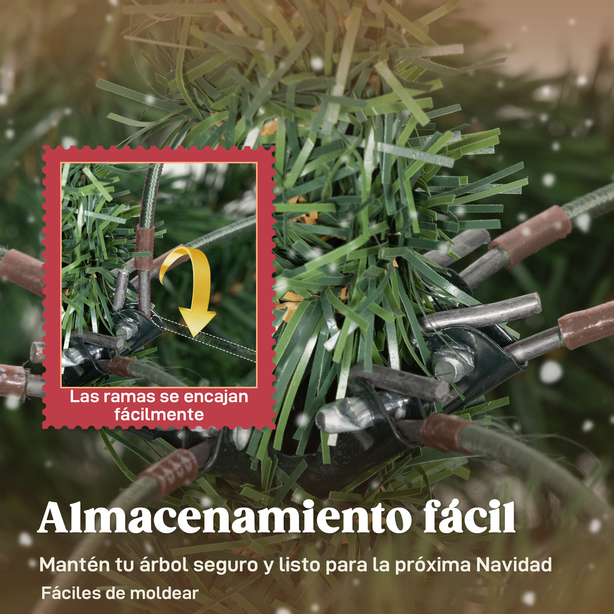 Árbol de Navidad verde con primer plano de ramas y conectores.