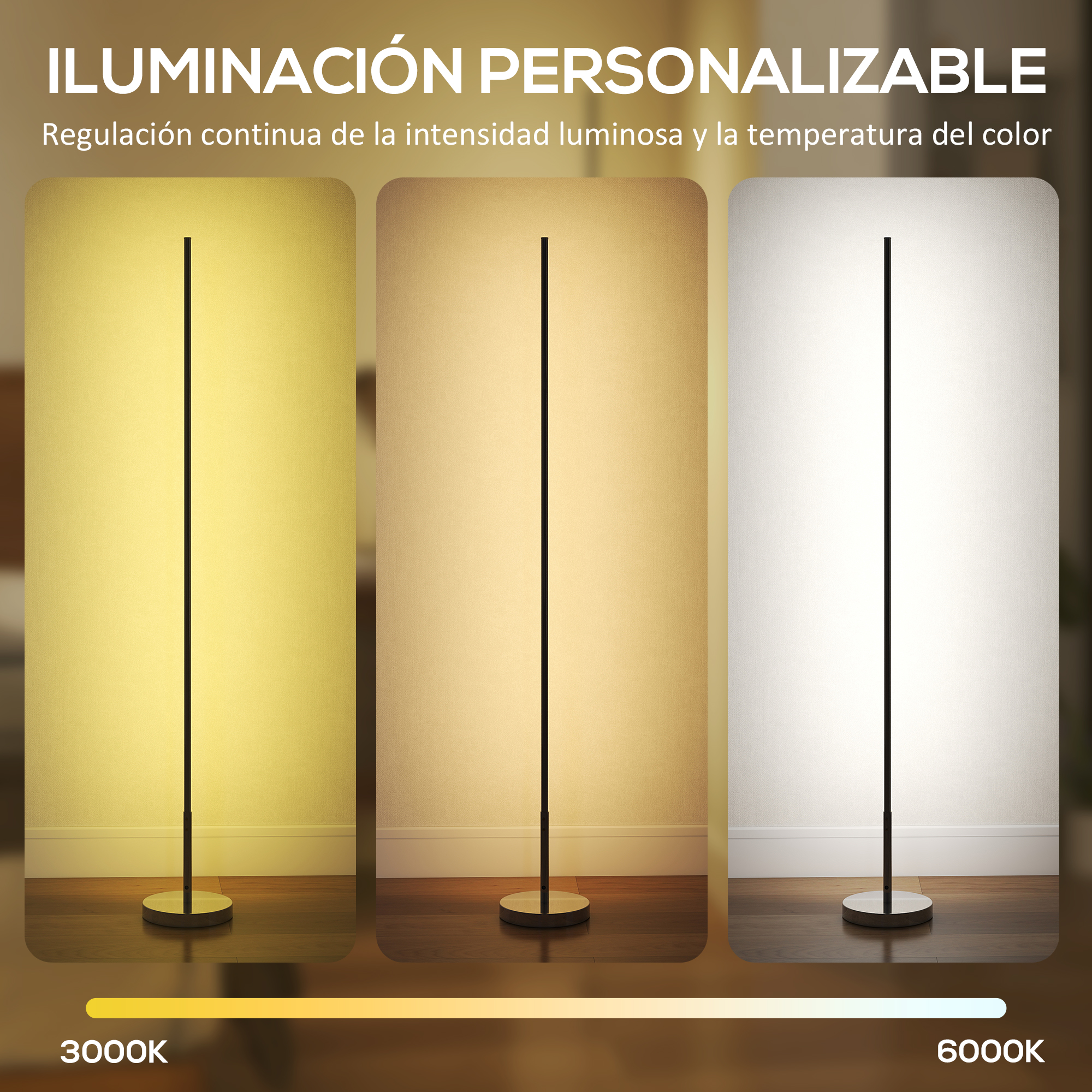 Una lámpara de pie estilizada en tres temperaturas de color diferentes.