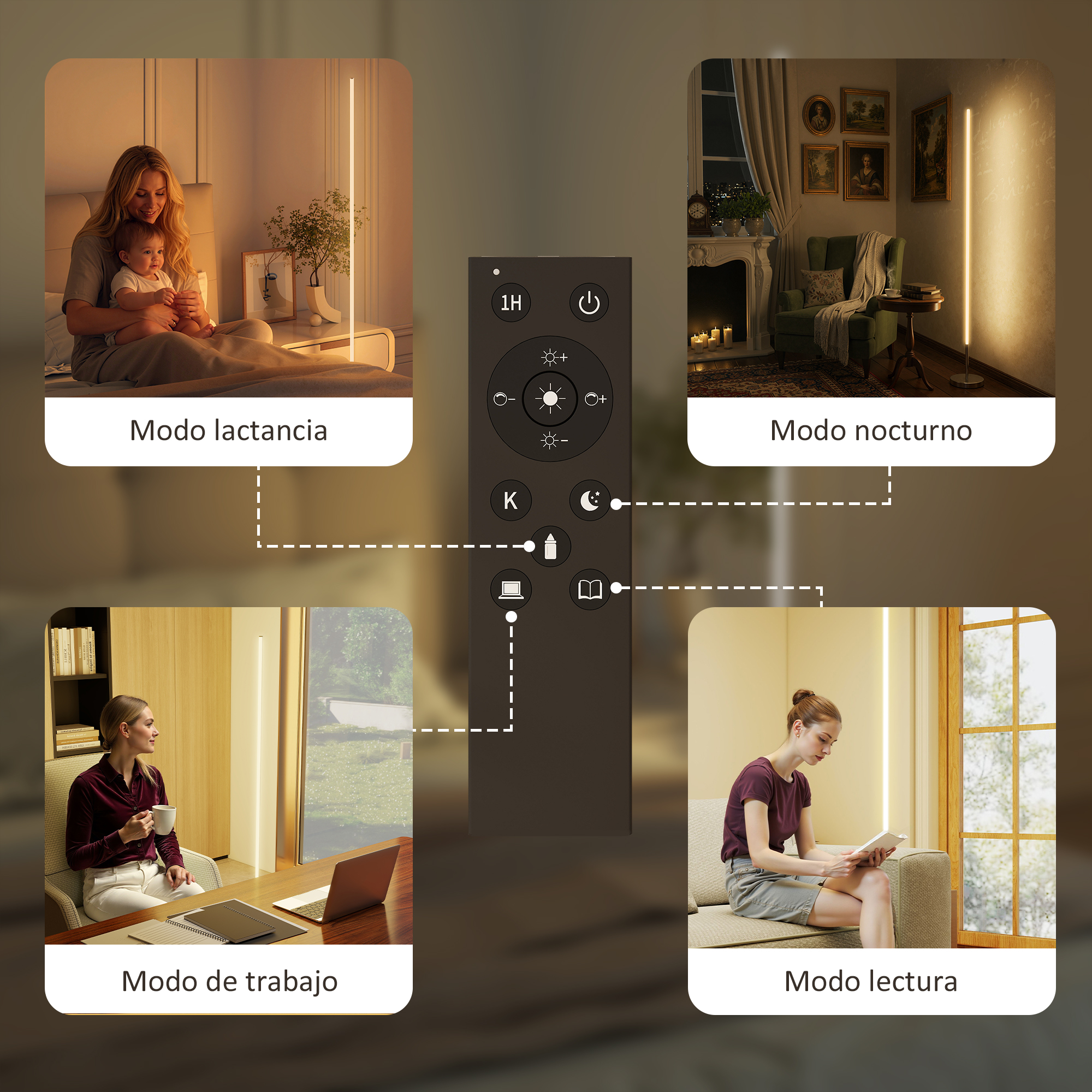 Una pantalla de control remoto que muestra cuatro escenarios: lactancia, noche, trabajo, lectura.