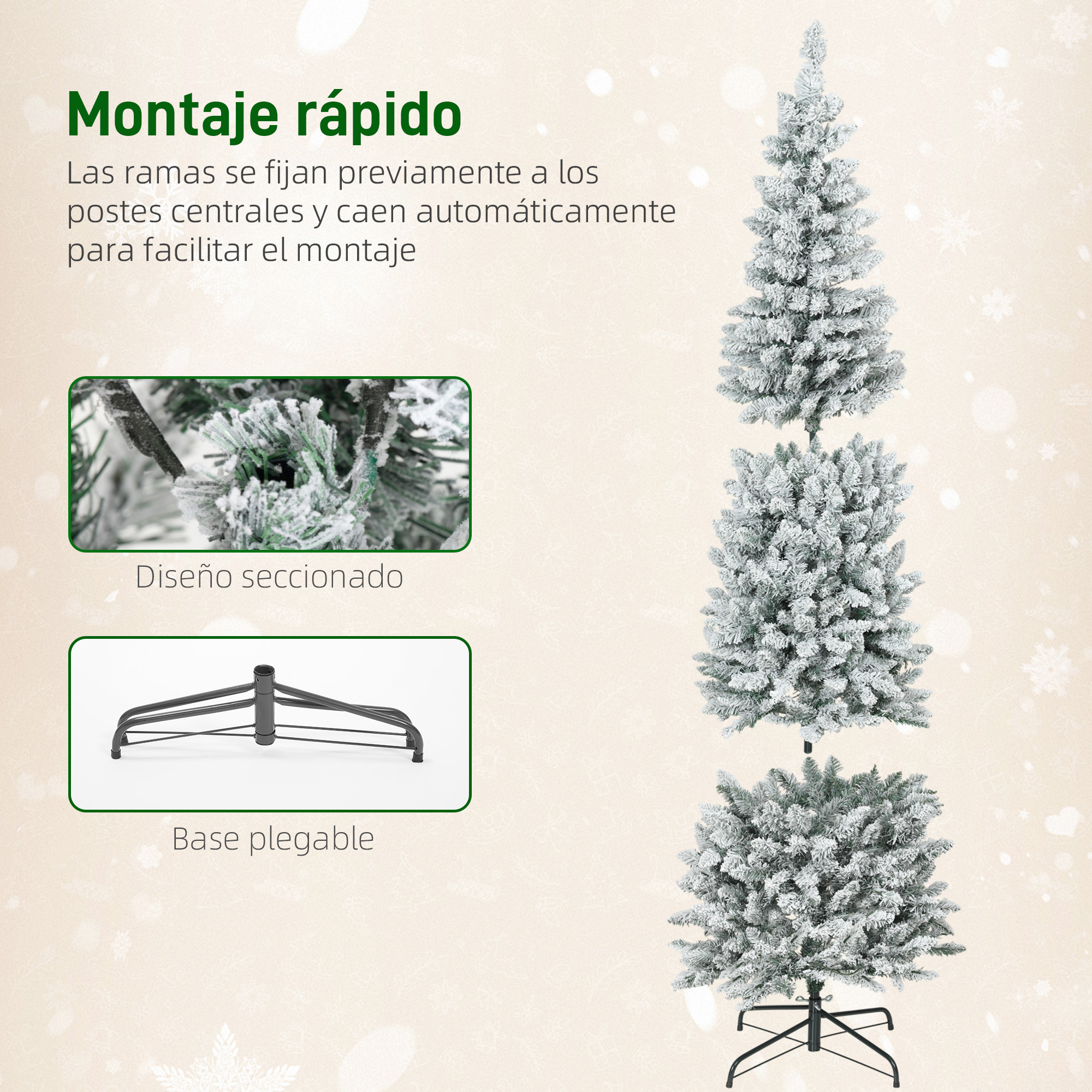 Un árbol de Navidad artificial nevado de tres secciones con base metálica.