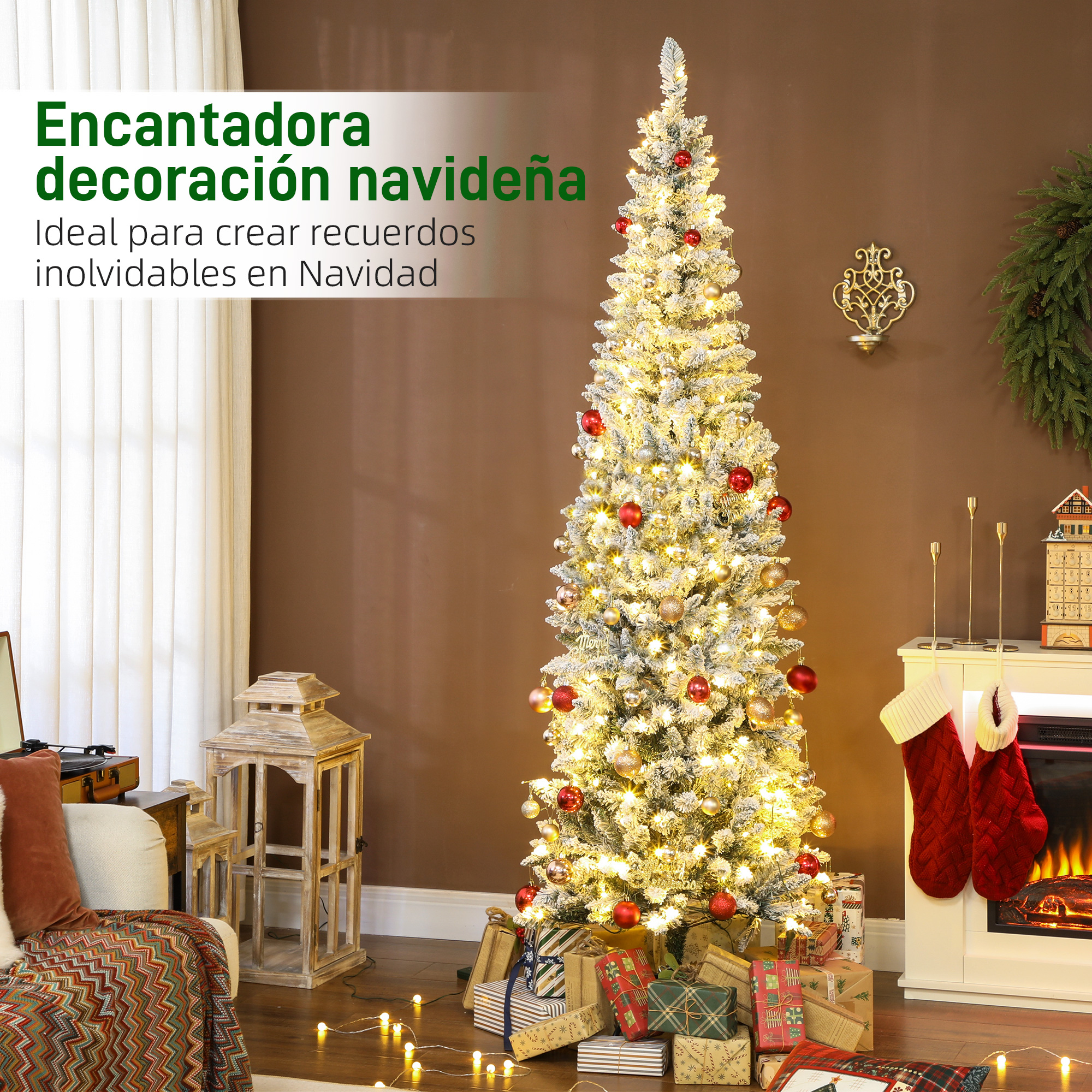 Un árbol de Navidad decorado con luces, adornos, regalos y chimenea.