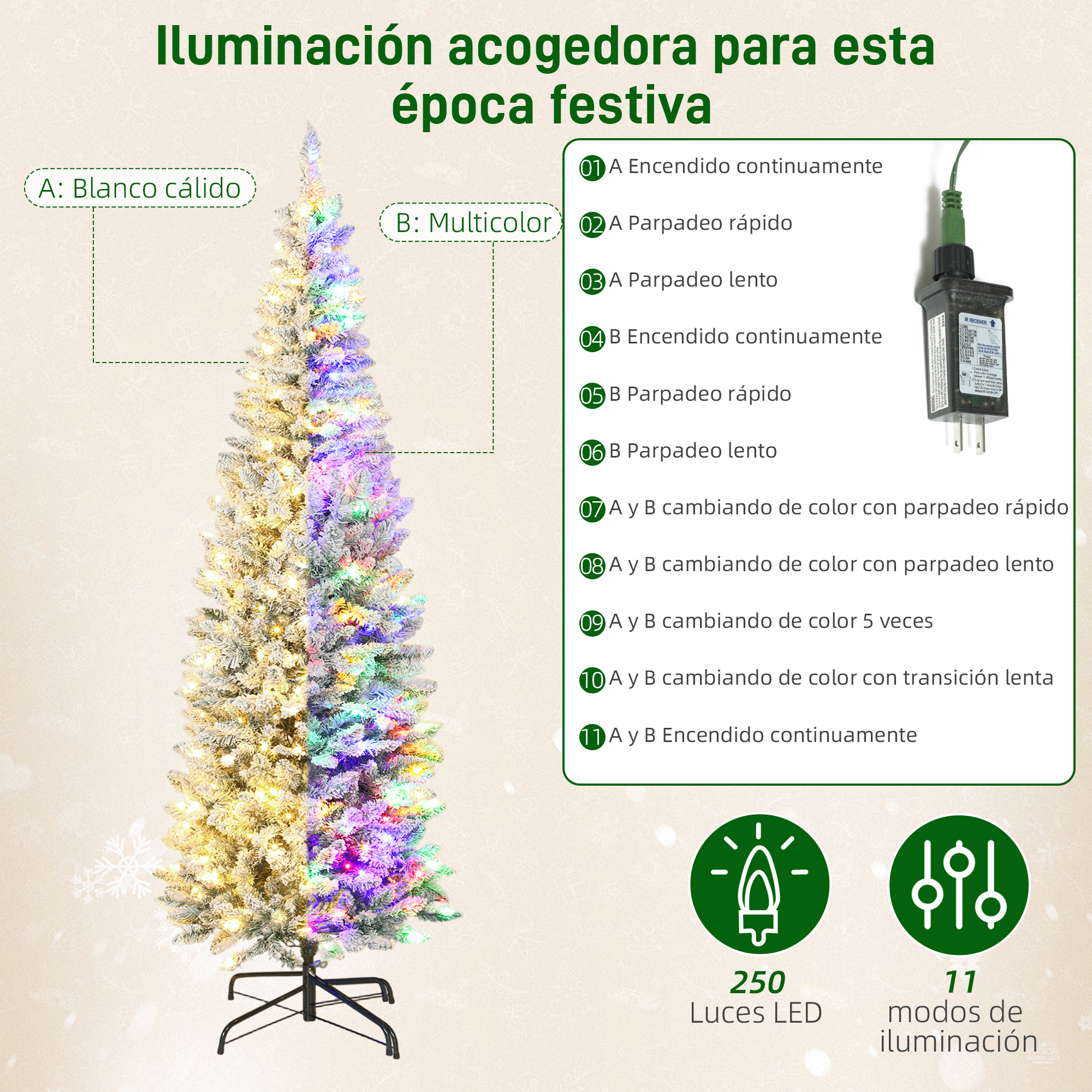 Un árbol de Navidad con luces blanco cálido a la izquierda y multicolor a la derecha.