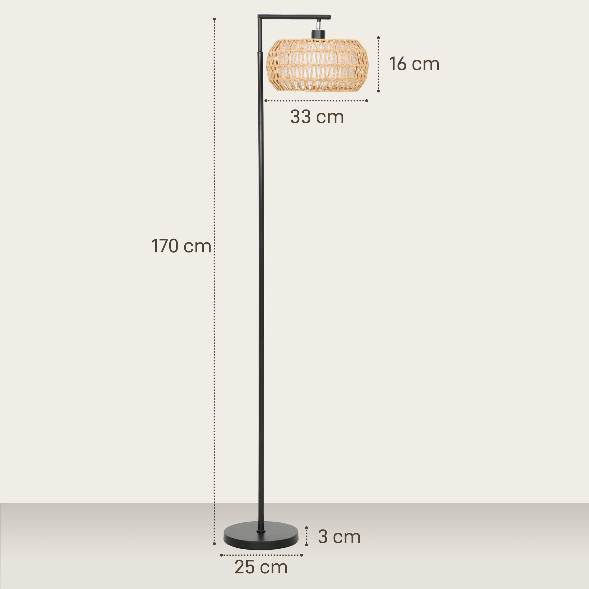 Una lámpara de pie de 170 cm de altura con estructura negra y pantalla tejida.