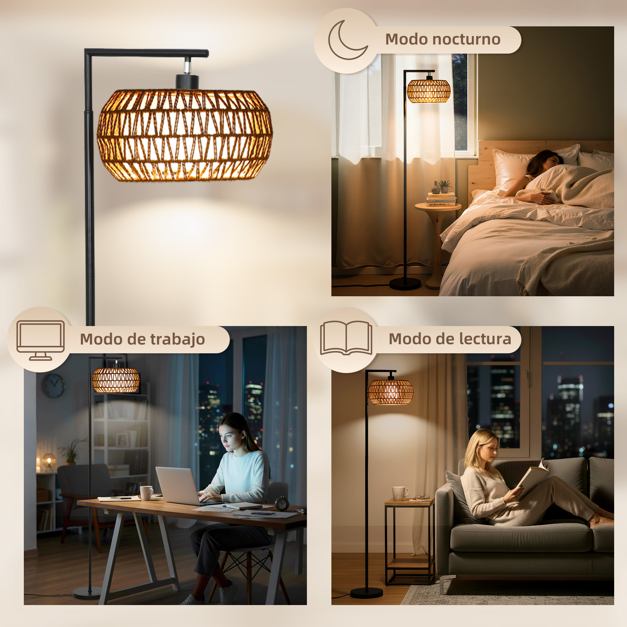 Una lámpara de pie con pantalla tejida ilumina varias escenas: dormitorio, lugar de trabajo, rincón de lectura.
