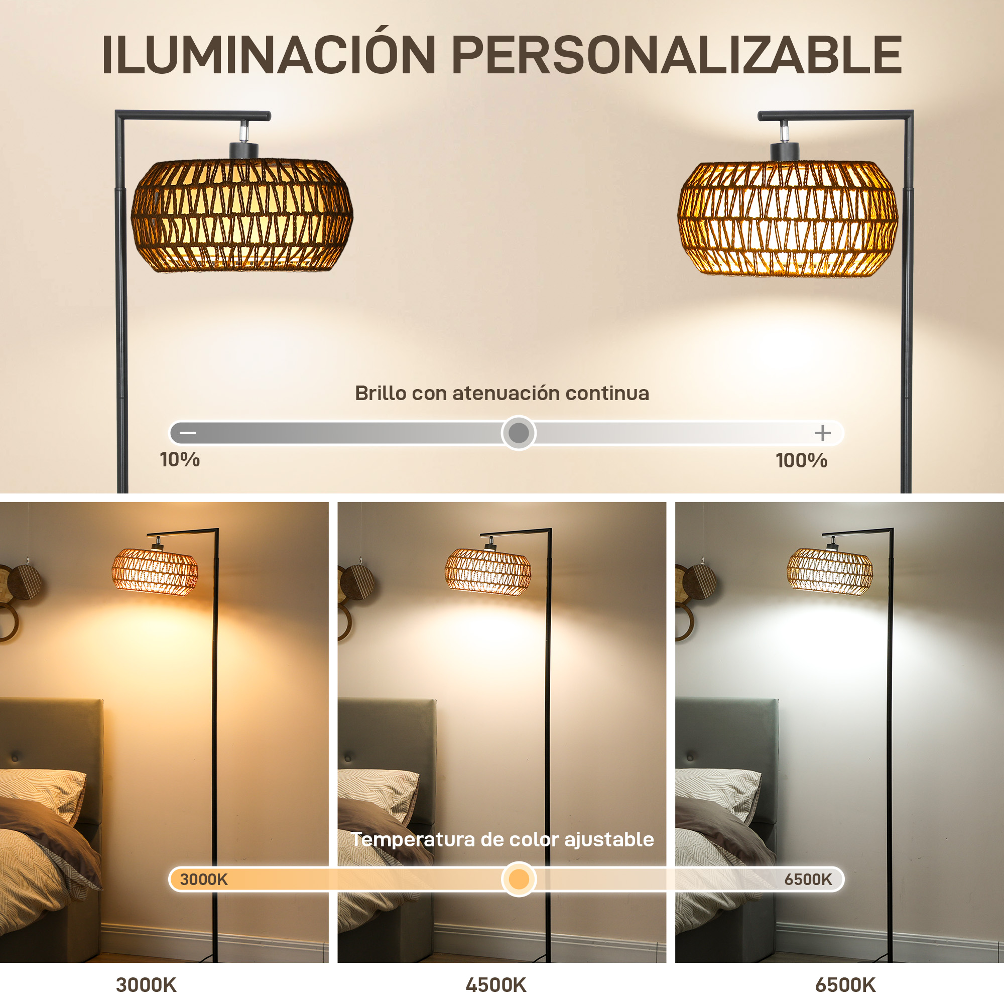 Lámpara de pie con pantalla tejida ajustable, mostrando brillo y temperaturas de color.