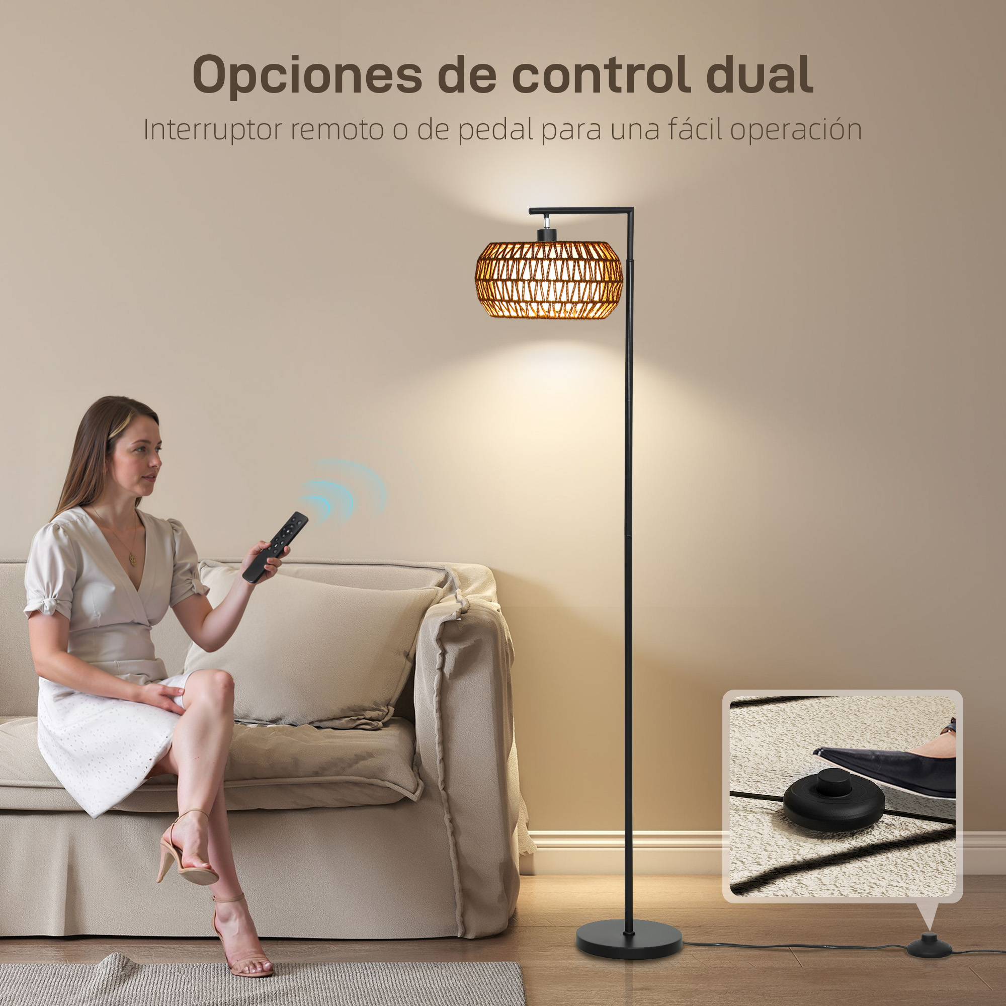 Mujer con mando, lámpara de pie y interruptor de pie.