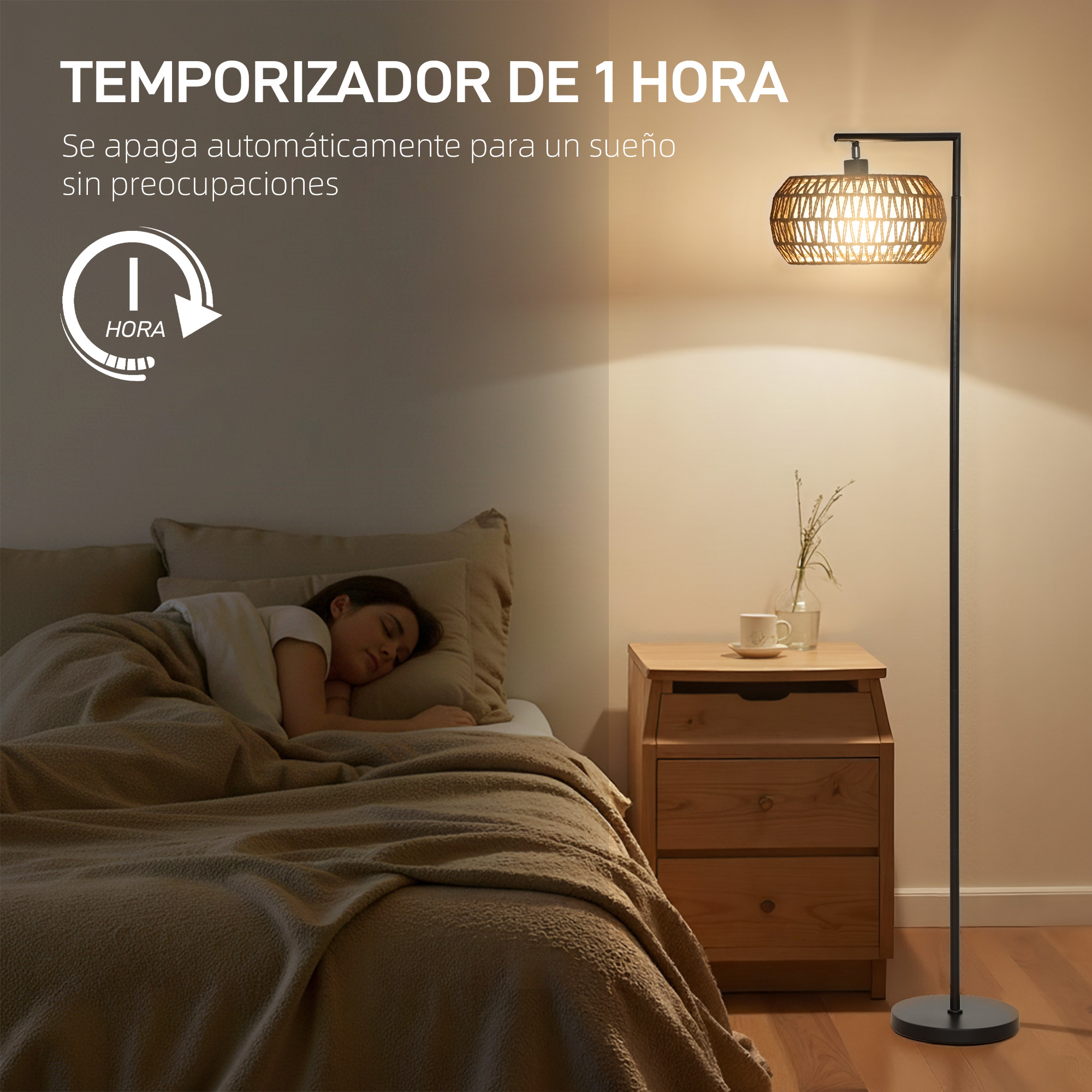 Una mujer duerme bajo una manta. Al lado, una mesita de noche con lámpara.