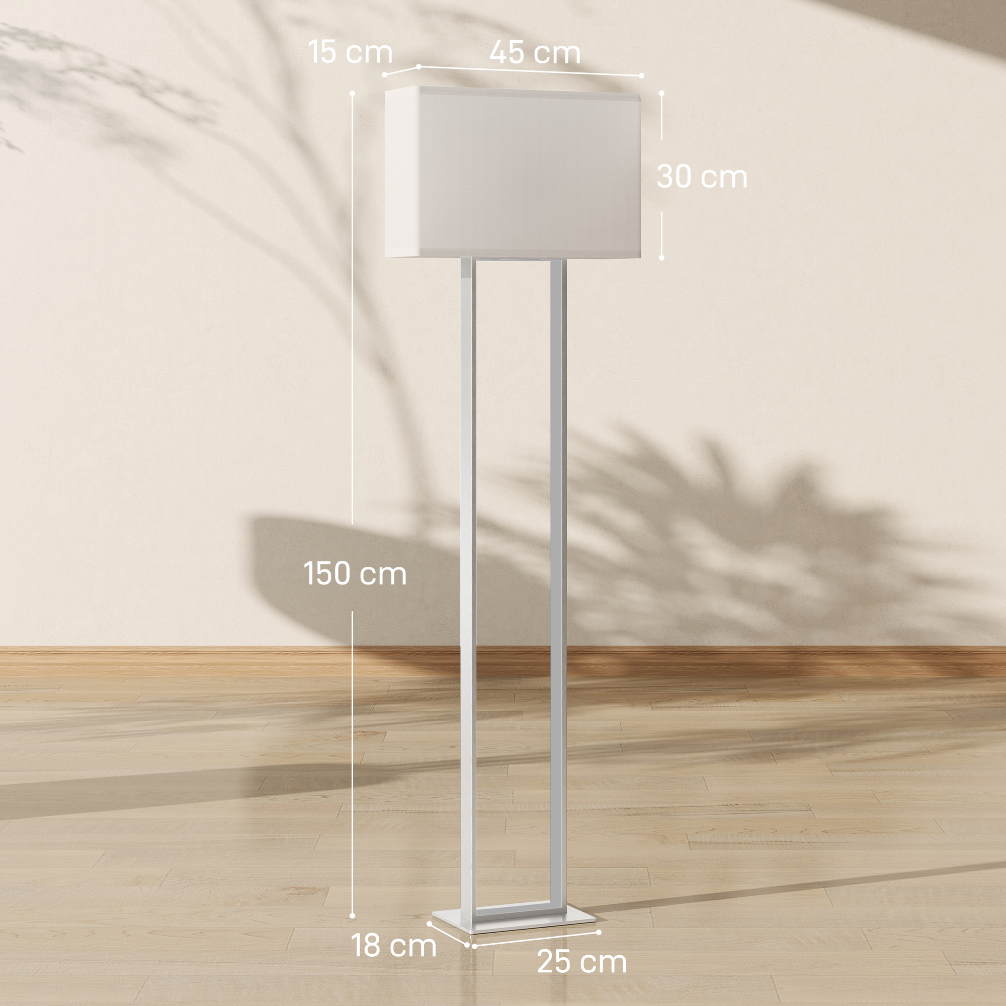 Una lámpara de pie blanca moderna con pantalla rectangular sobre suelo de madera.
