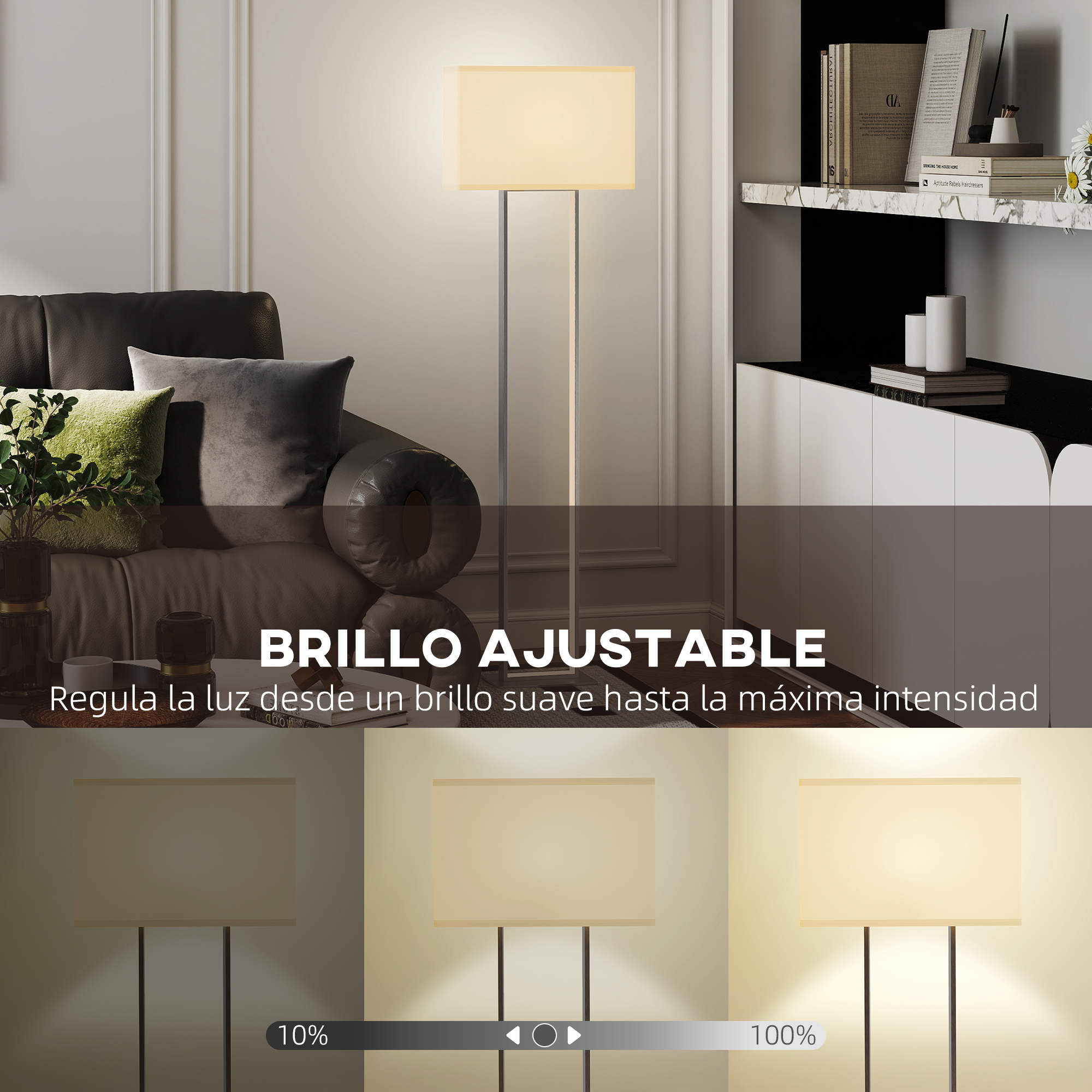 Un espacio de sala moderno con sofá de cuero, cojines y lámpara de pie. Ajustes de brillo visibles.