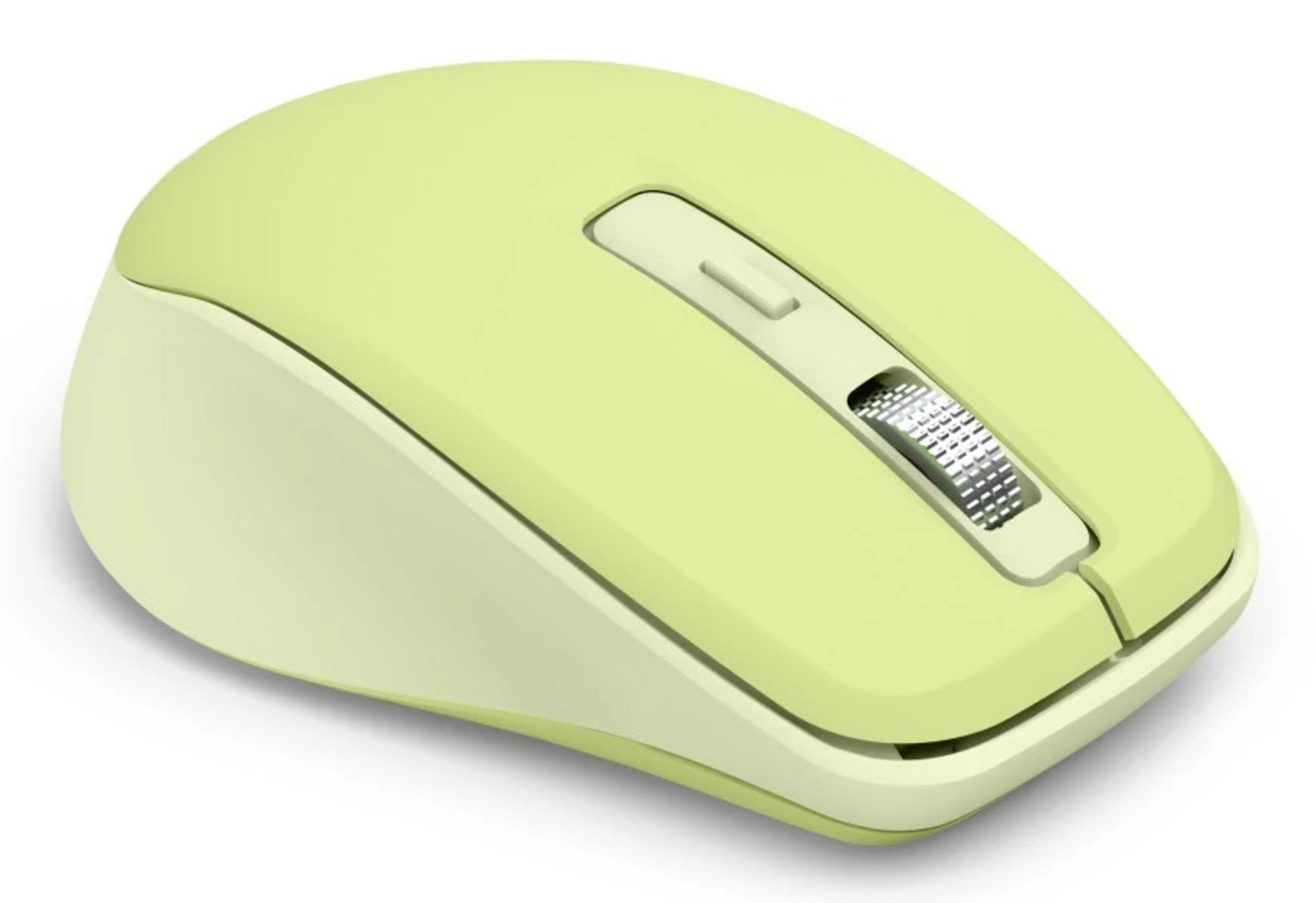 Eine hellgrüne Computermaus mit einem silbernen Scrollrad und einer Taste.