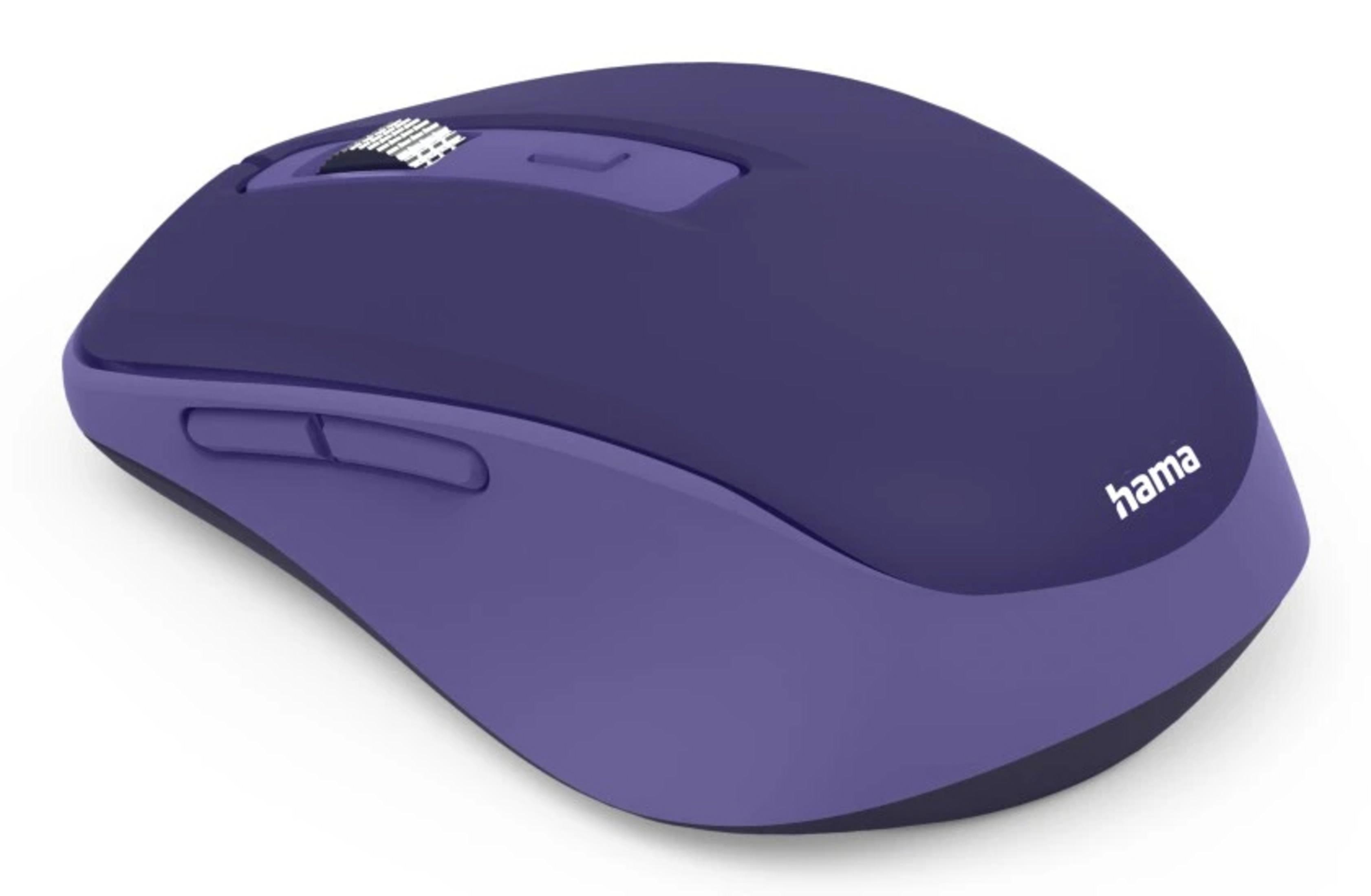 Eine lila Computermaus mit Scrollrad und Seitentasten.