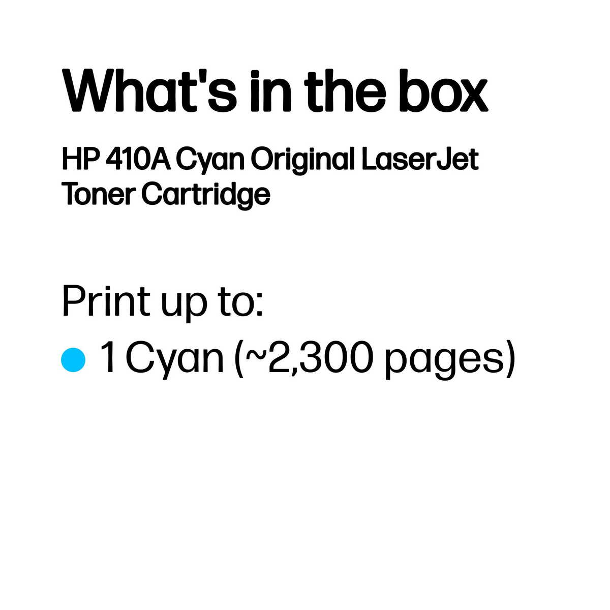 Zawartość pudełka: Toner LaserJet Cyan HP 410A, drukuje ok. 2300 stron.