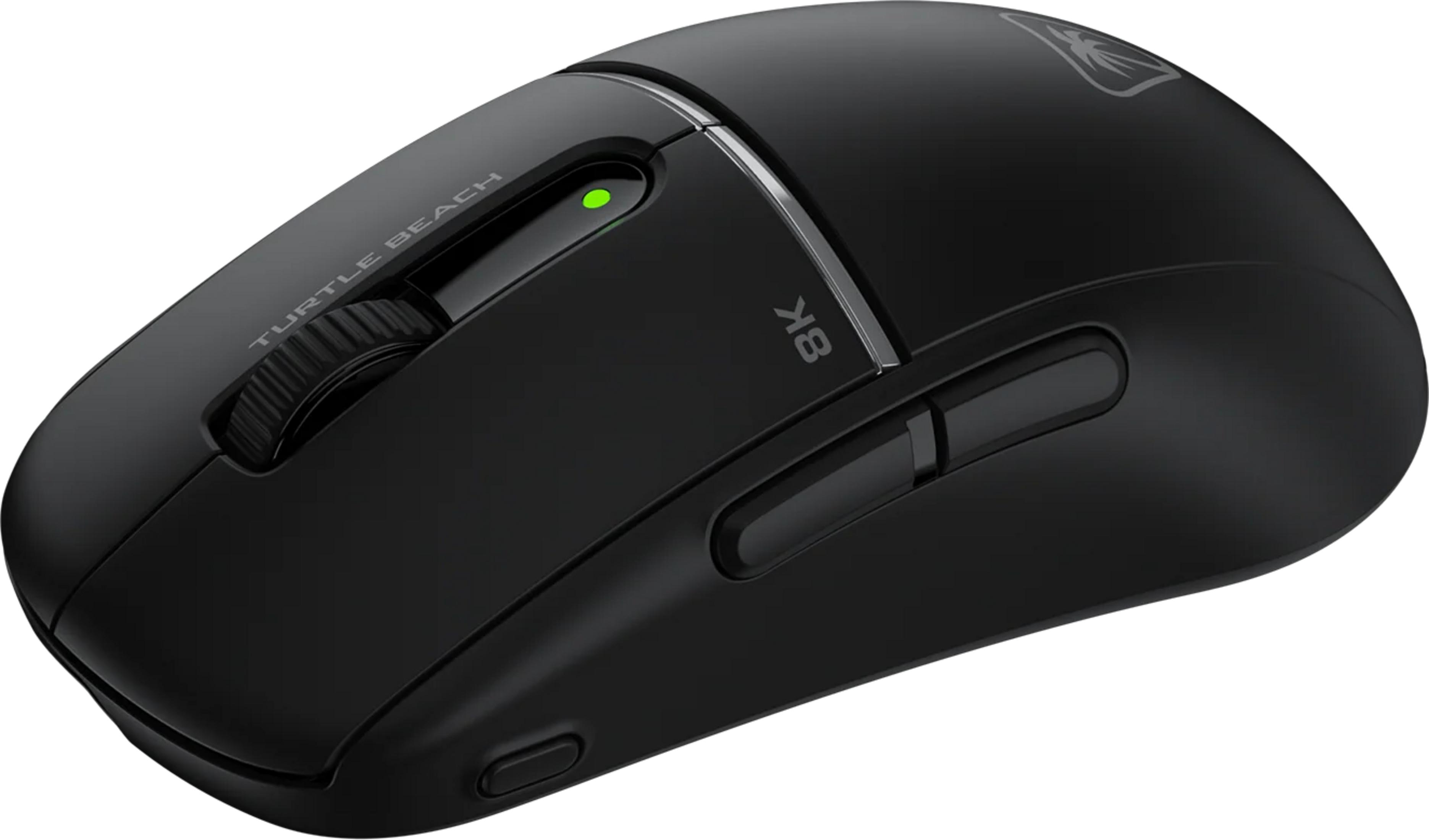 Mouse gaming nero con rotella, LED verde e pulsanti.