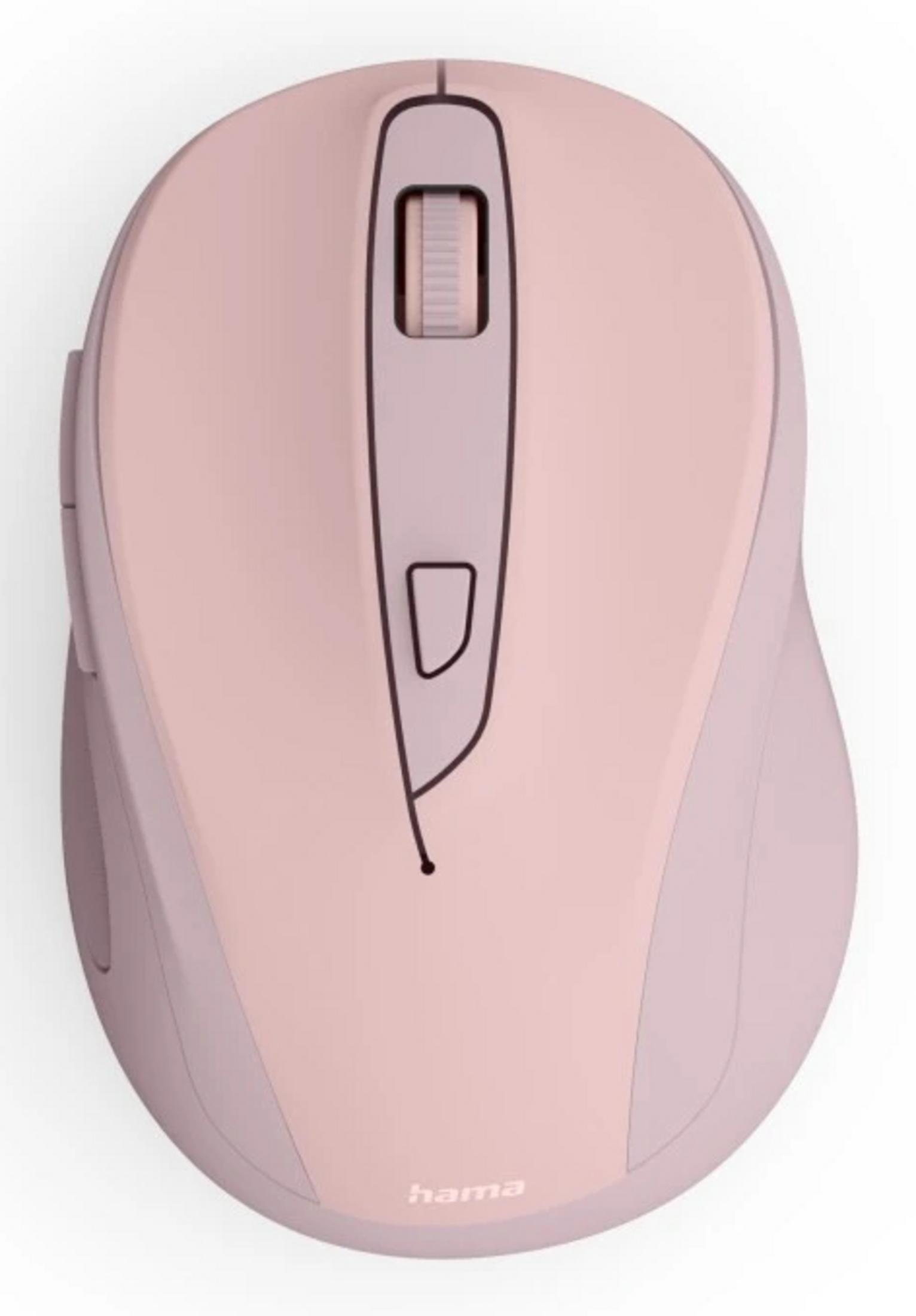 Un mouse per computer color rosa cipria con rotella e pulsanti laterali.