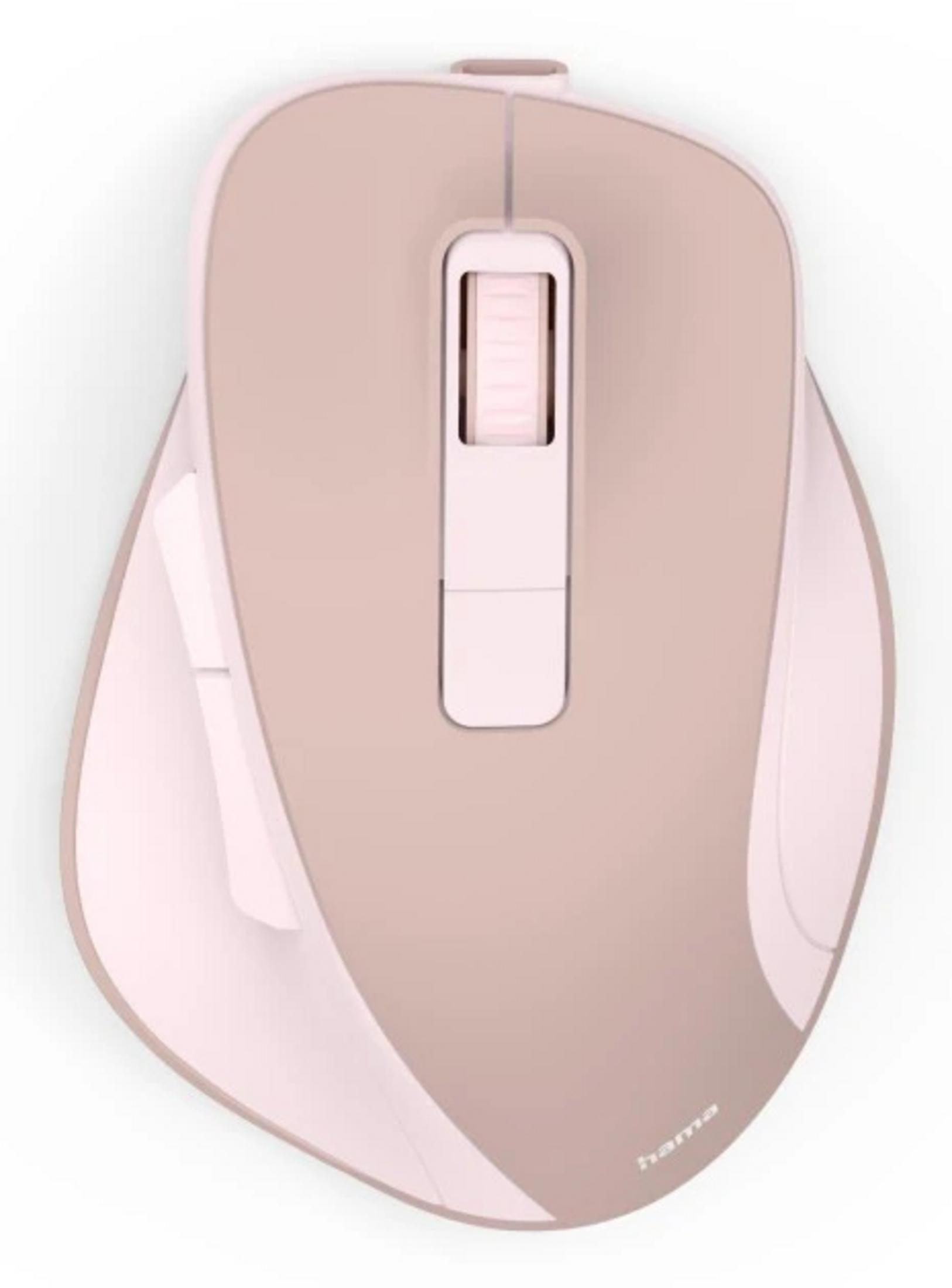 Eine staubige rosa Computermaus mit einem Scrollrad und zwei Tasten.