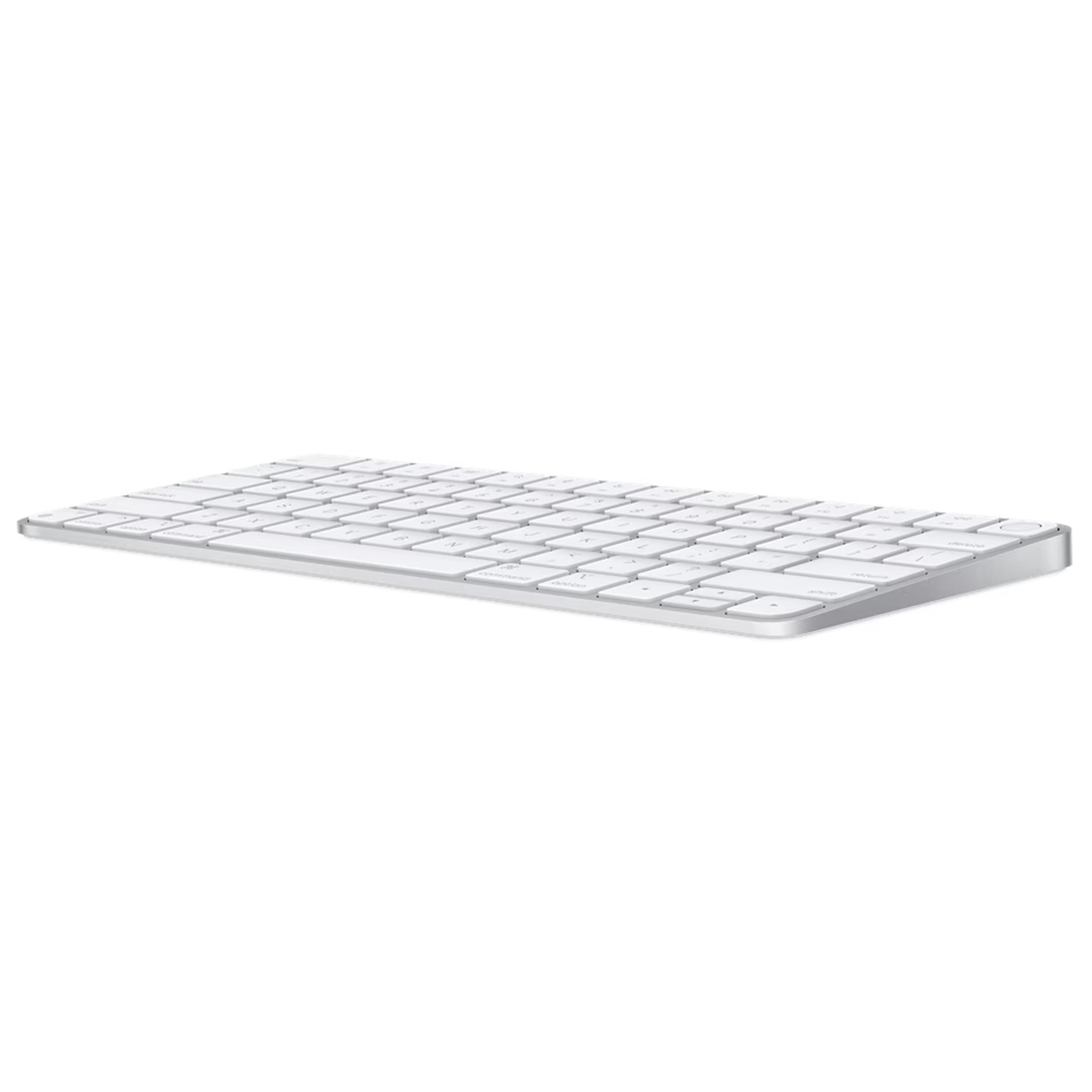 Una sottile tastiera Apple Magic argentata con tasti bianchi.