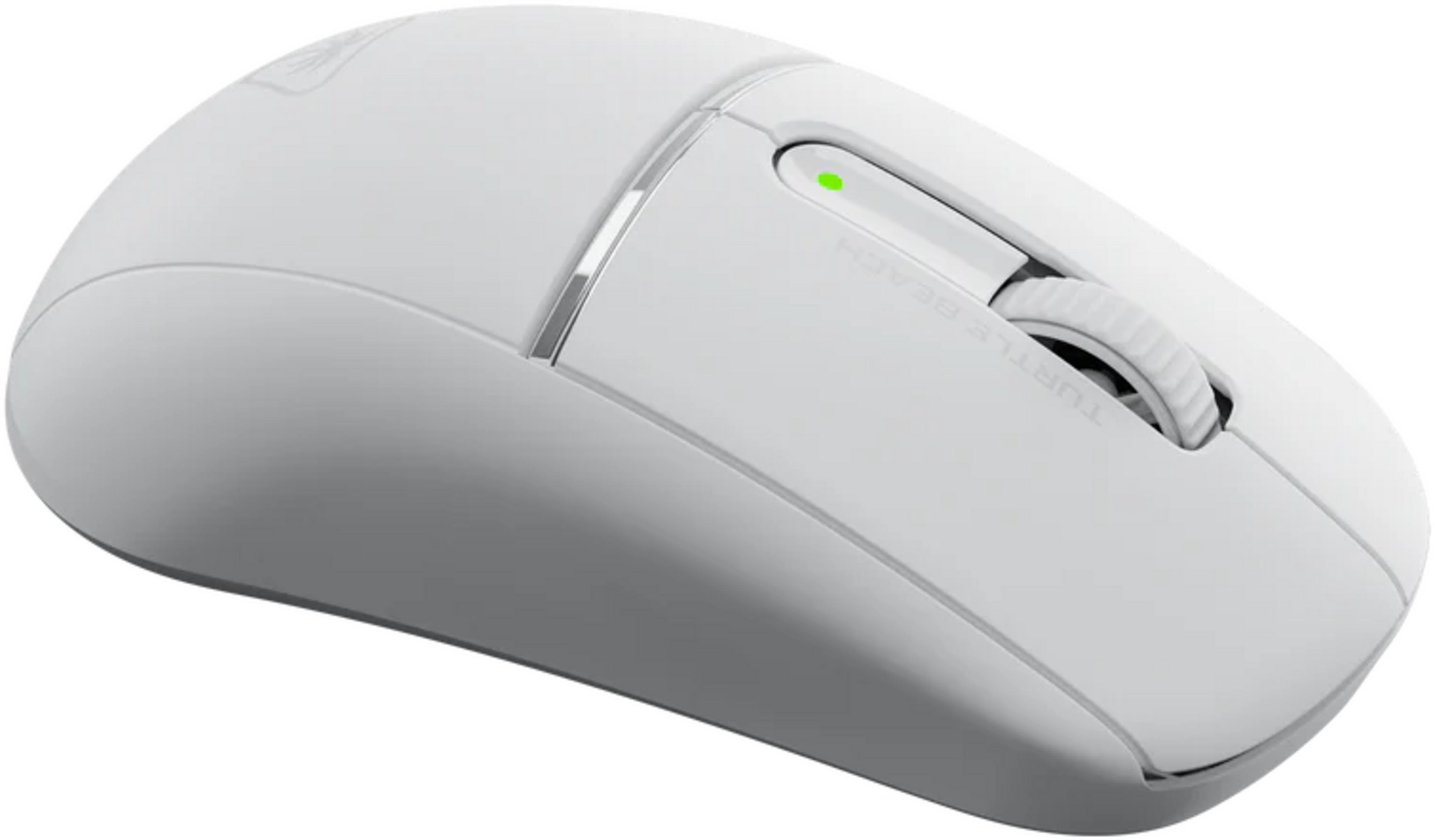Mouse wireless bianco con rotellina di scorrimento e LED verde.