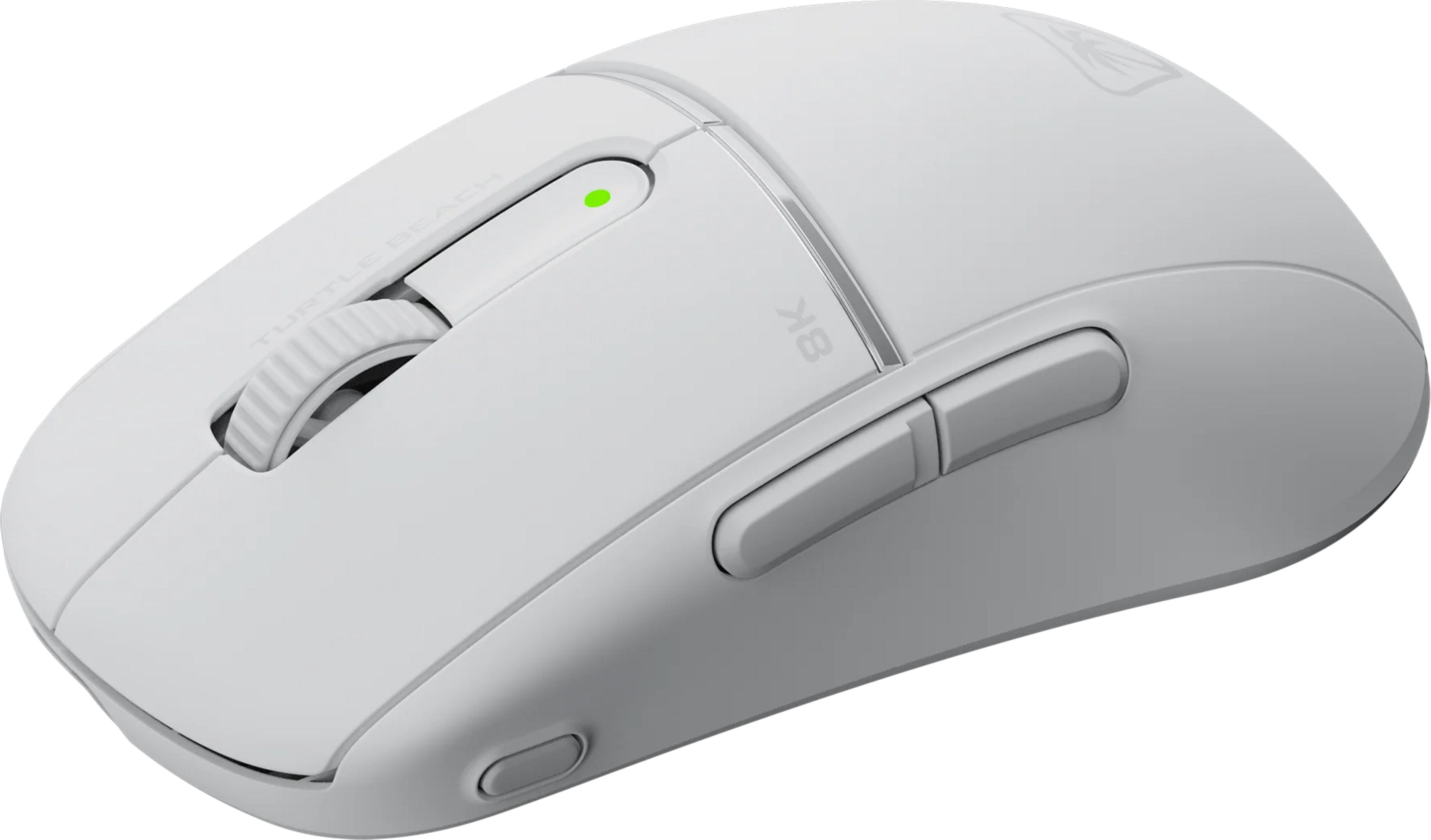 Un mouse da gioco wireless bianco con rotellina e pulsanti.