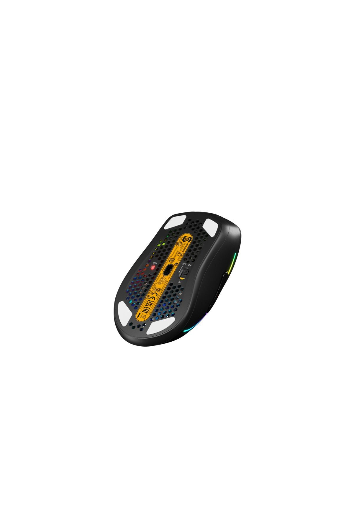 Mouse da gaming nero visto dal basso con illuminazione RGB e adesivi.