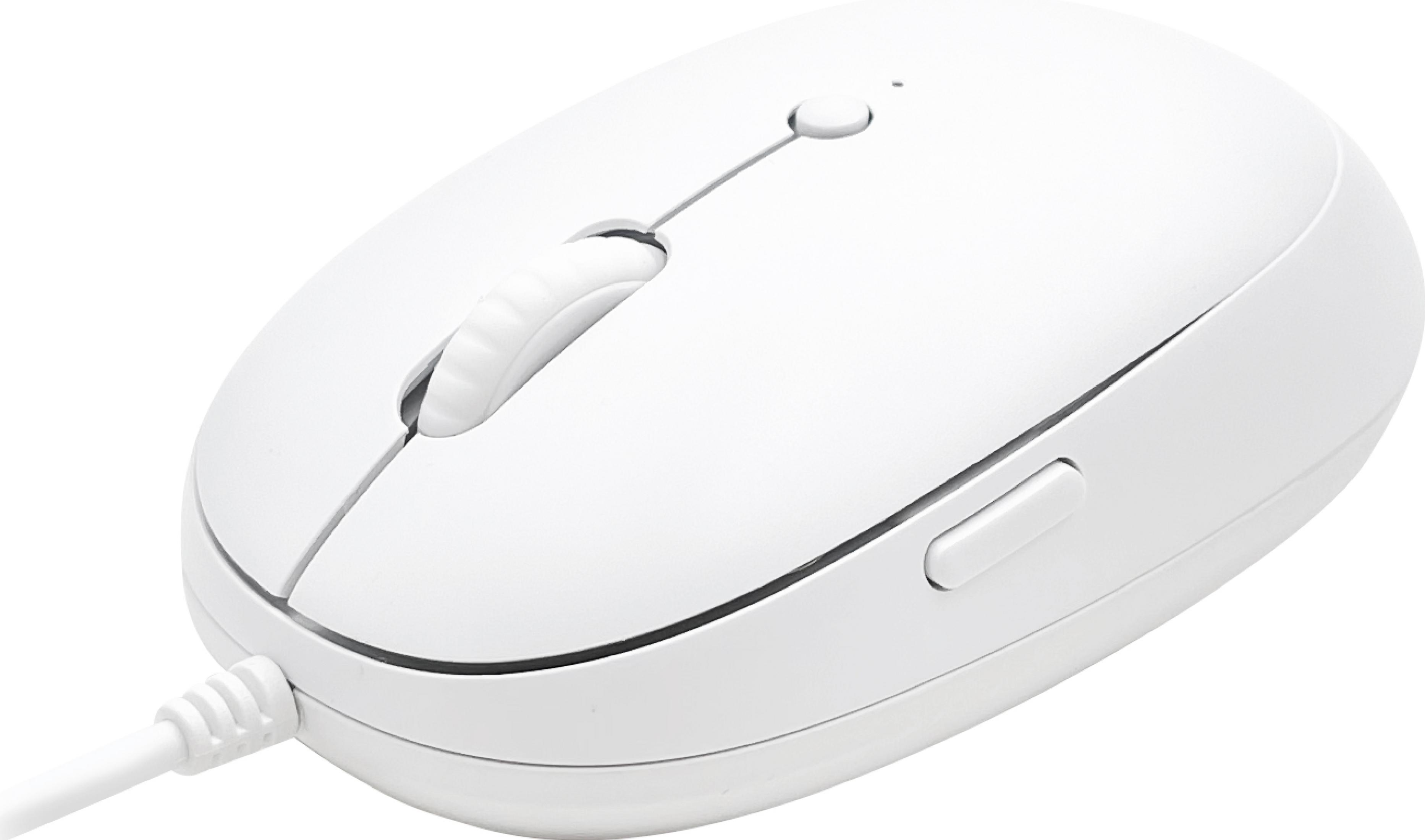 Un ratón de ordenador blanco con rueda y dos botones, conectado por un cable blanco.