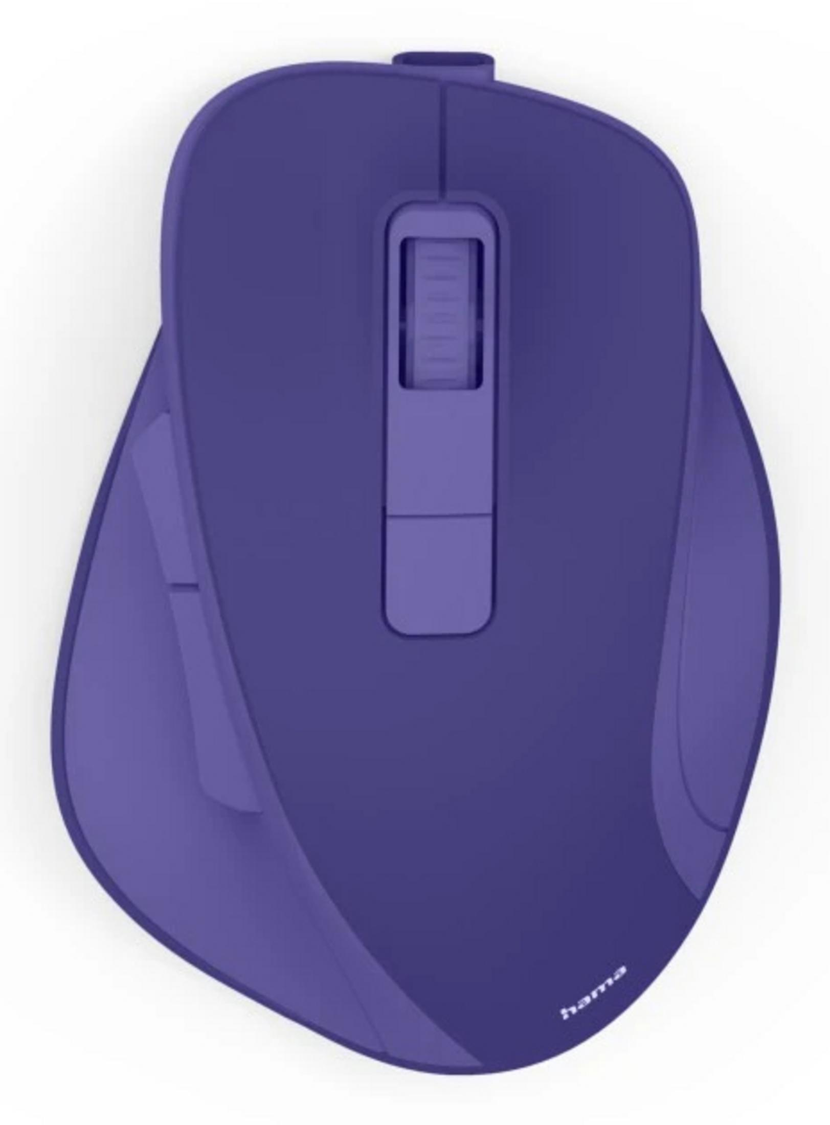 Eine lila Computermaus mit Scrollrad und Seitentasten.
