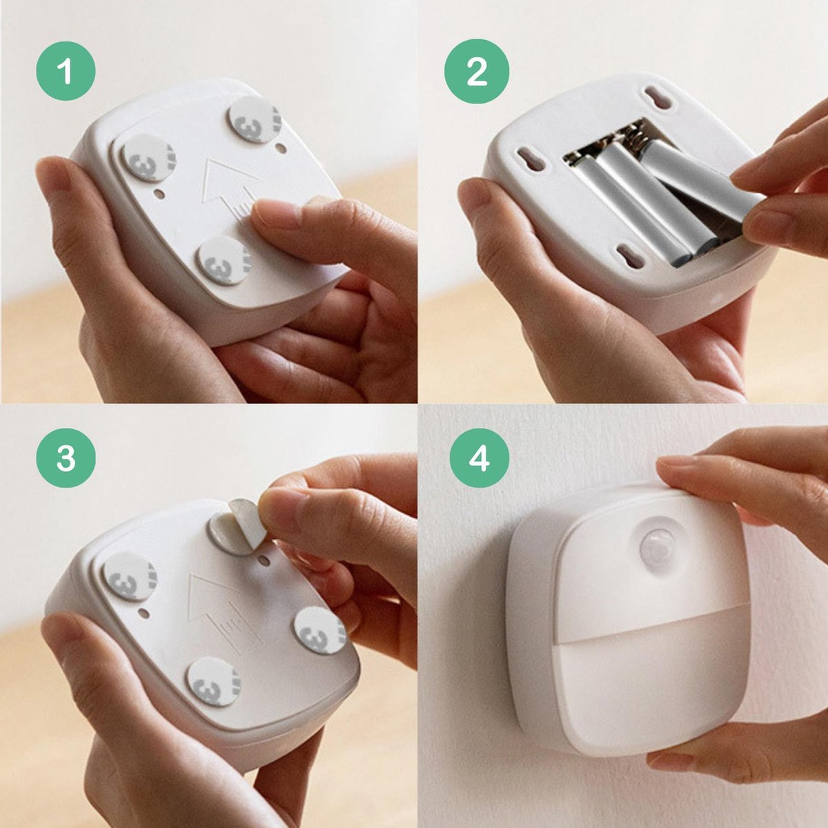 Stappen 1-4 tonen hoe een batterij-LED-sensor te bevestigen.