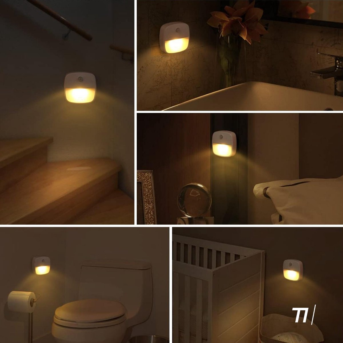 Een klein nachtlampje verlicht een trap, badkamer en naast een wieg.