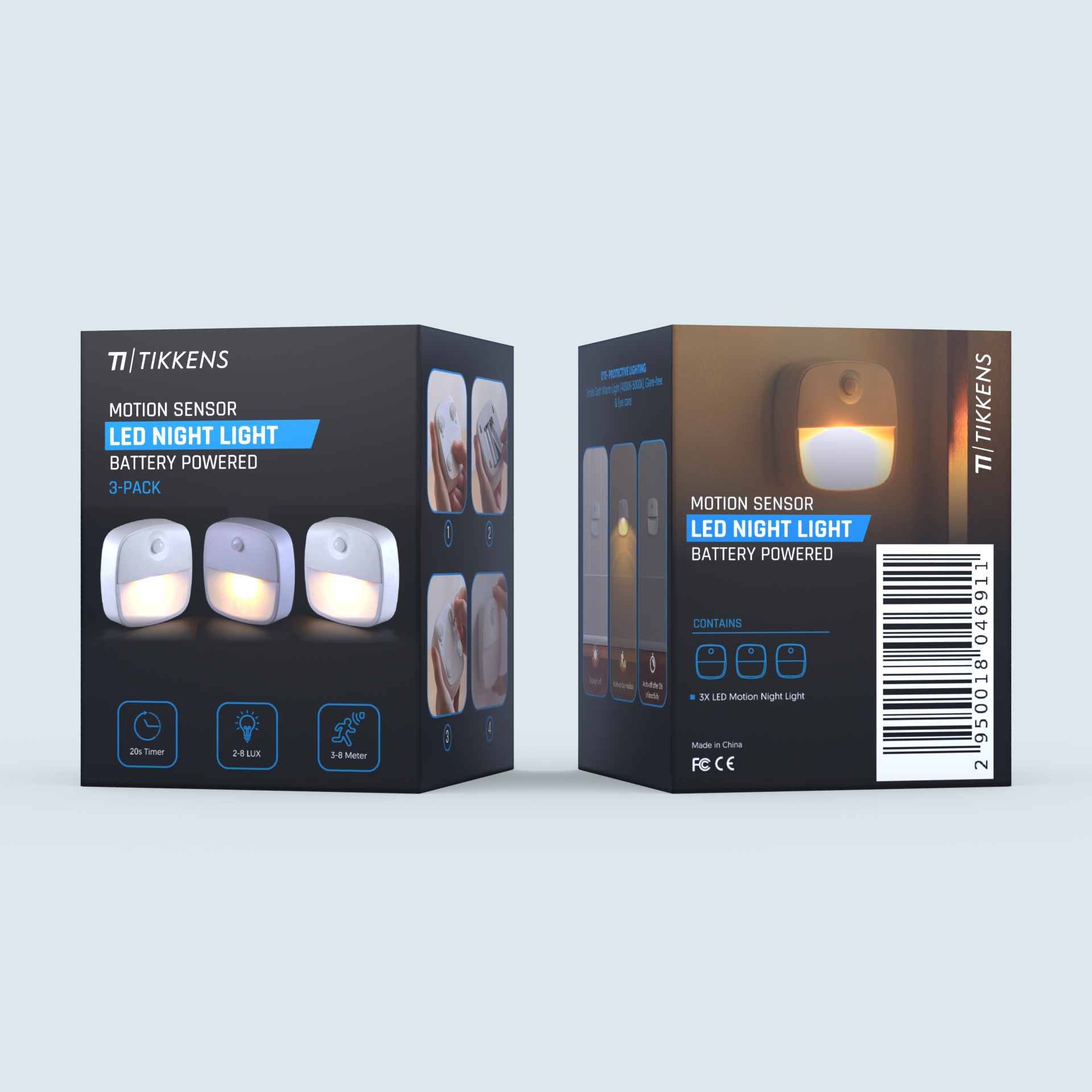 Verpakking voor 3 Tikkens op batterijen werkende LED nachtlampjes met bewegingssensor.