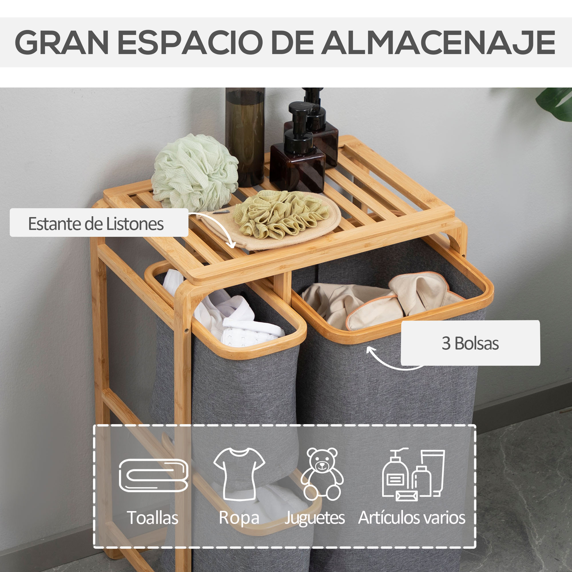 Un estante de madera con tres cestas, que contiene ropa y accesorios de baño.
