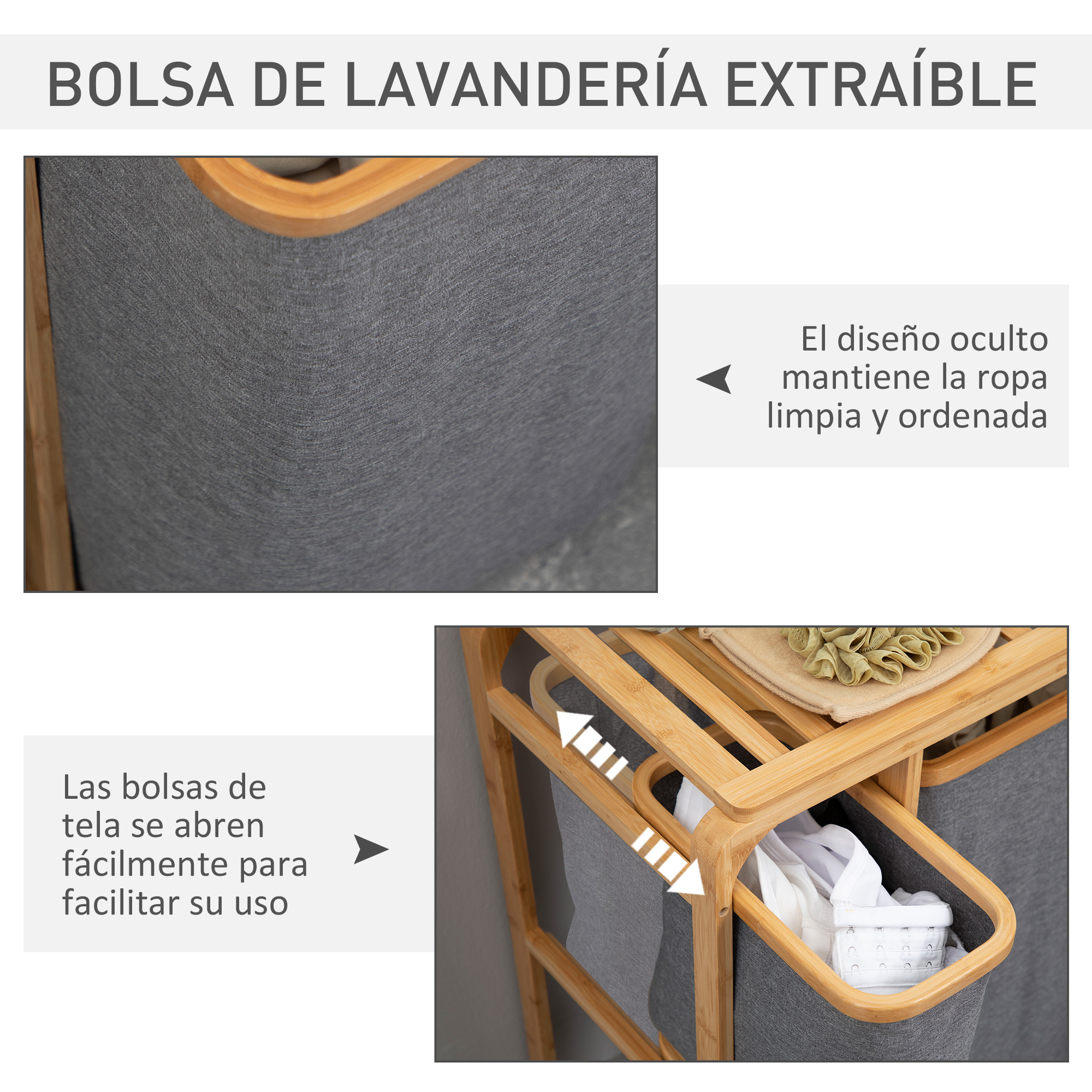 Bolsa de lavandería extraíble de tela gris con marco de bambú.