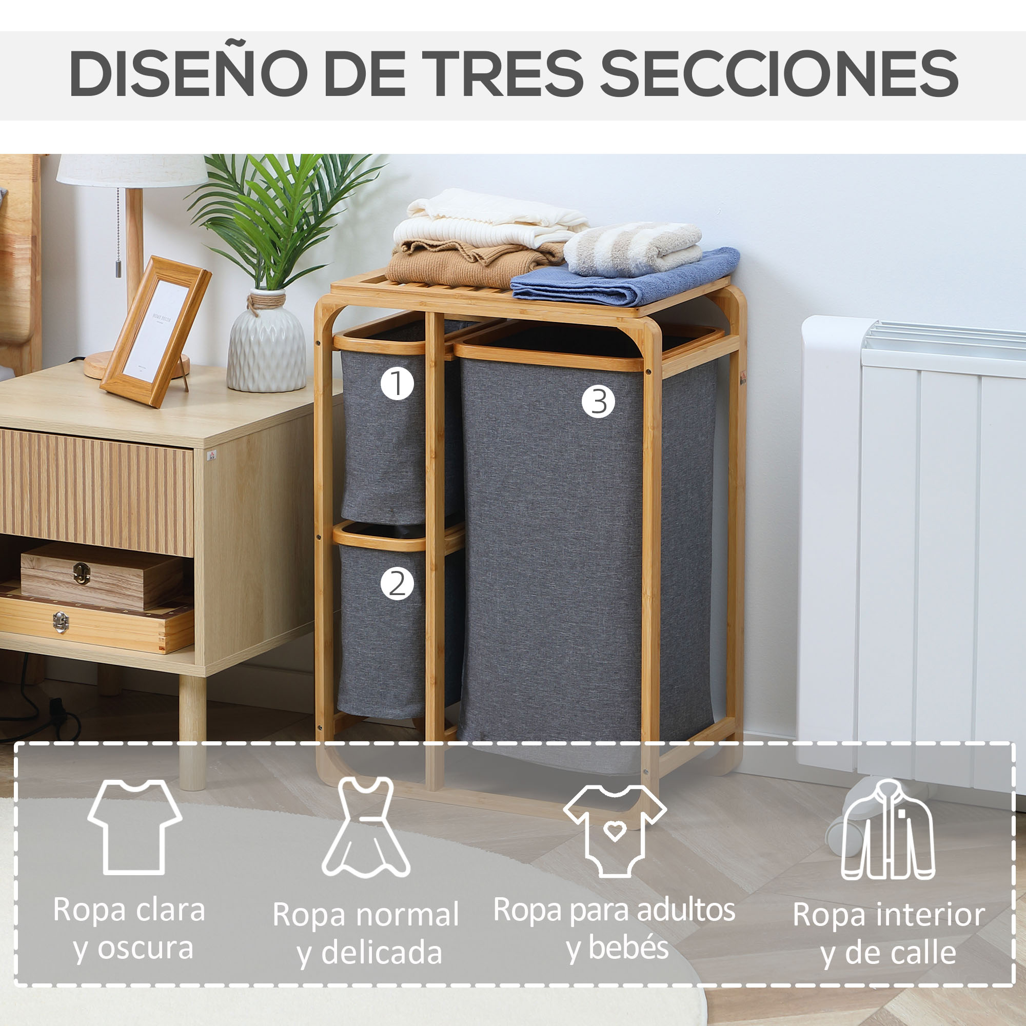 Un estante de madera con tres cestos de ropa grises y ropa doblada.