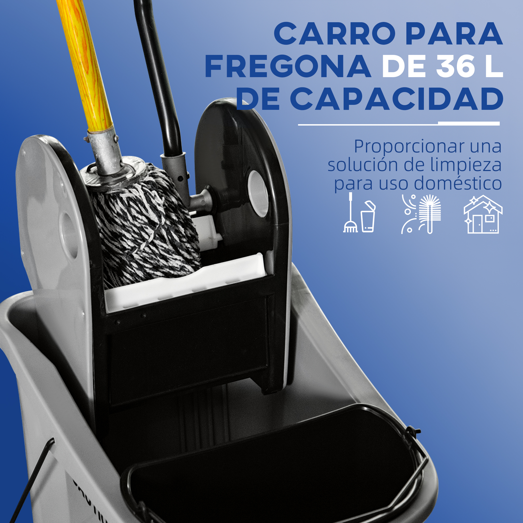 Cubo de fregar gris con mocho amarillo y mango negro, capacidad 36L.