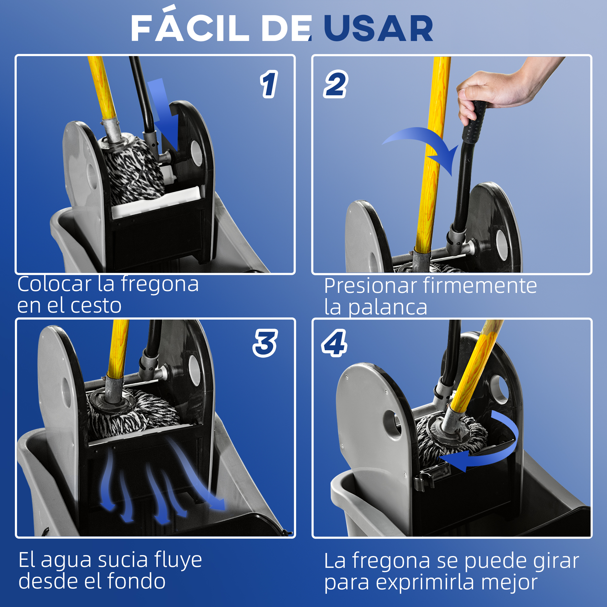 Guía paso a paso para usar un cubo de mopa giratorio.