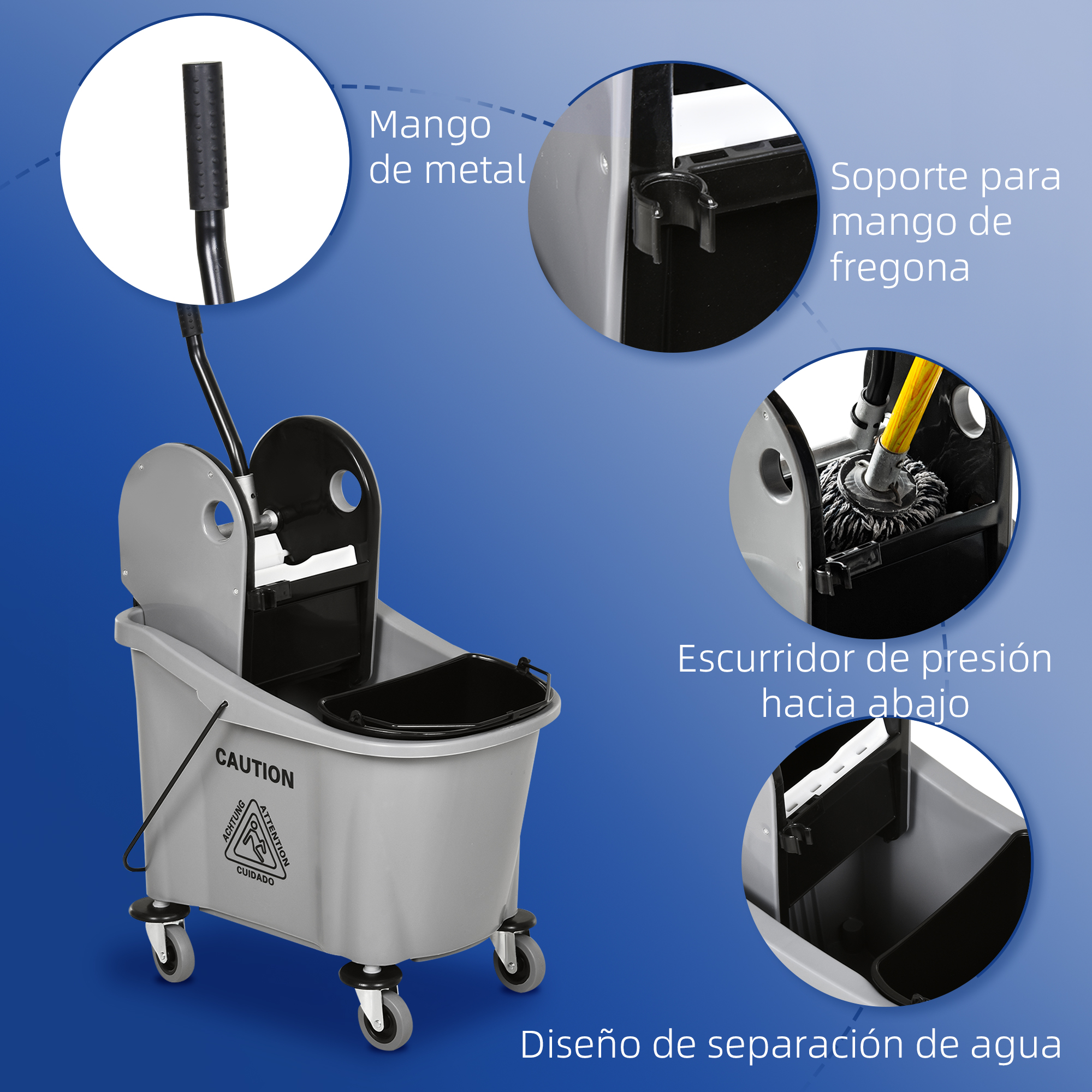 Cubo de fregar gris con ruedas y accesorios. Mango de metal, soporte, escurridor.