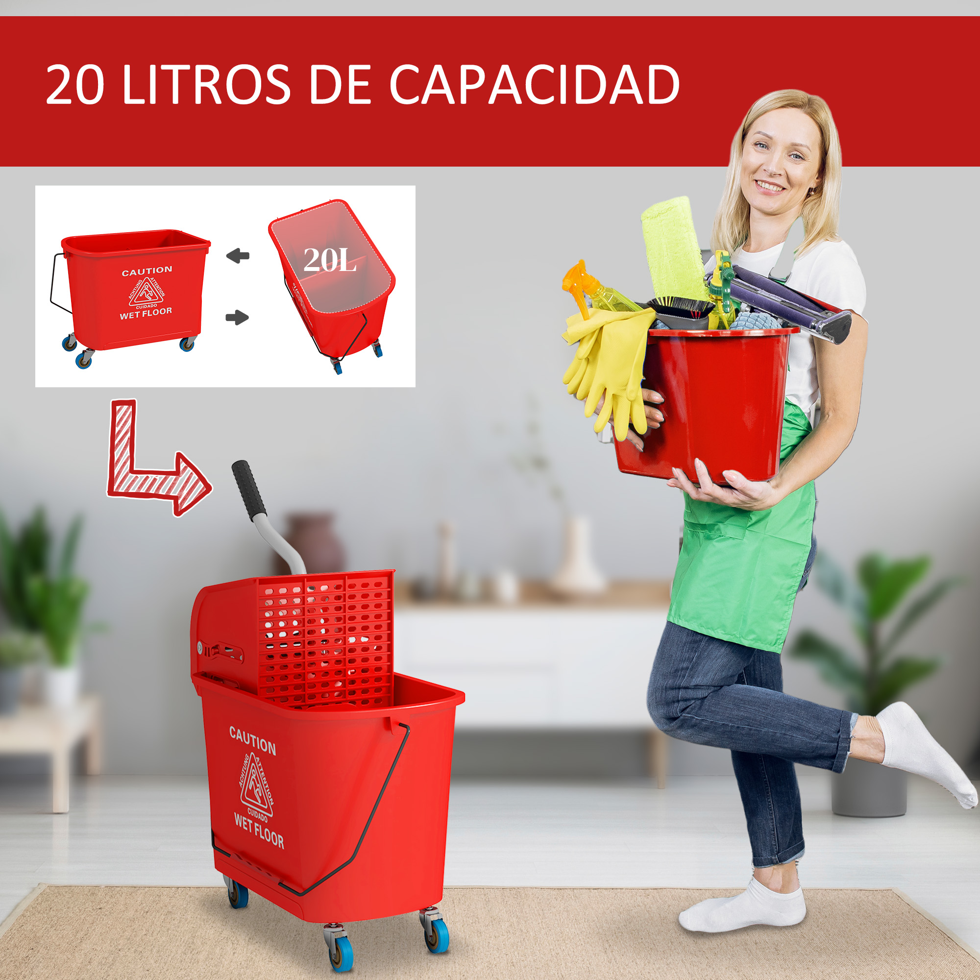 Una mujer con delantal verde sostiene un cubo rojo con material de limpieza.