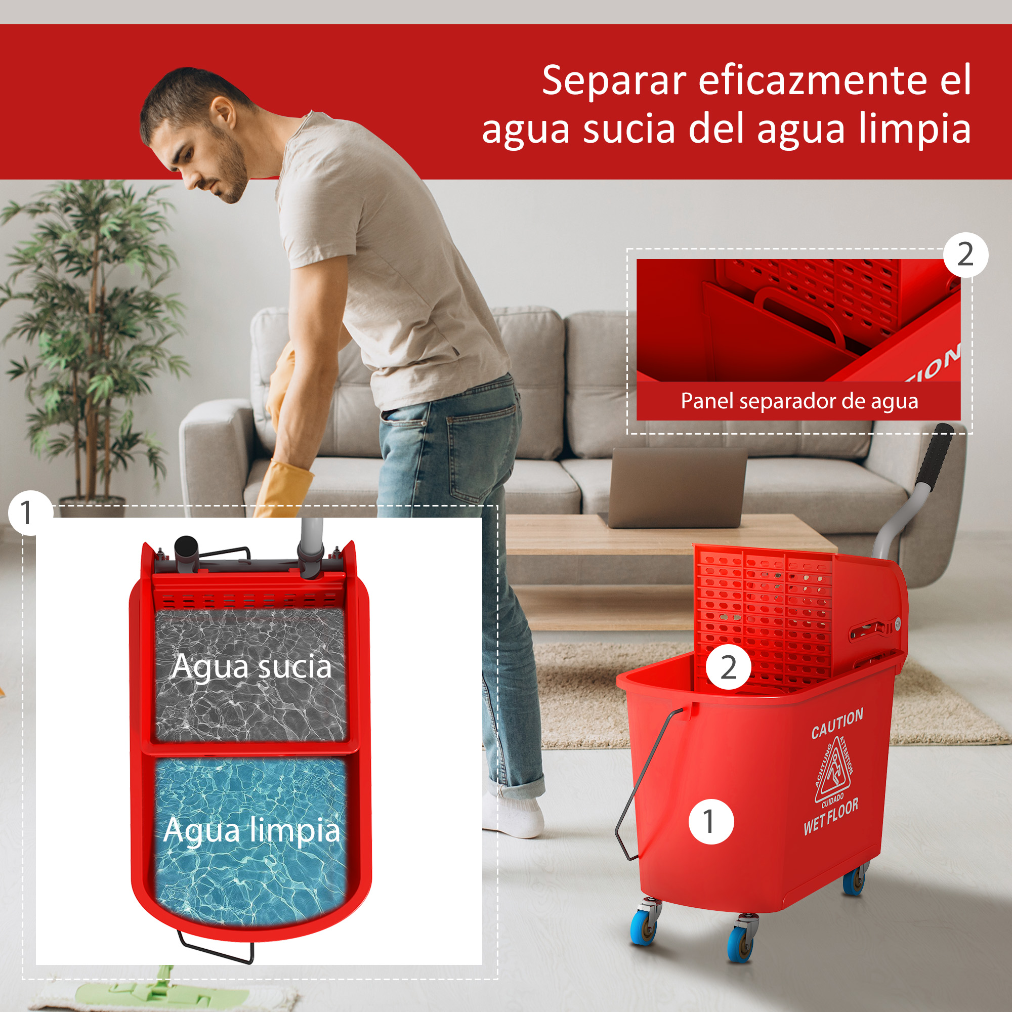 Hombre limpia con un carro de cubo de fregona separando agua sucia y limpia.