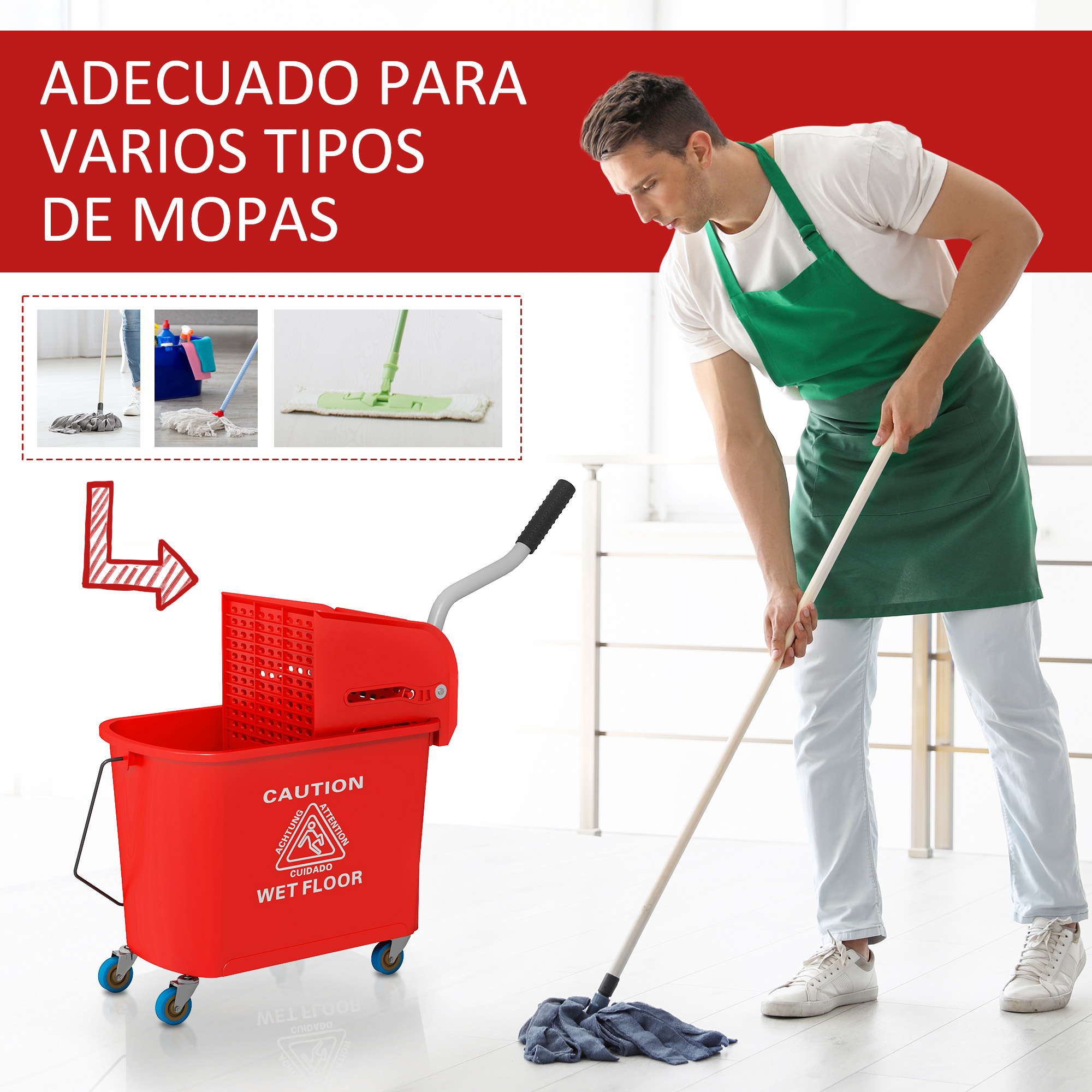 Hombre con delantal verde trapea piso con mopa azul junto a carro rojo.