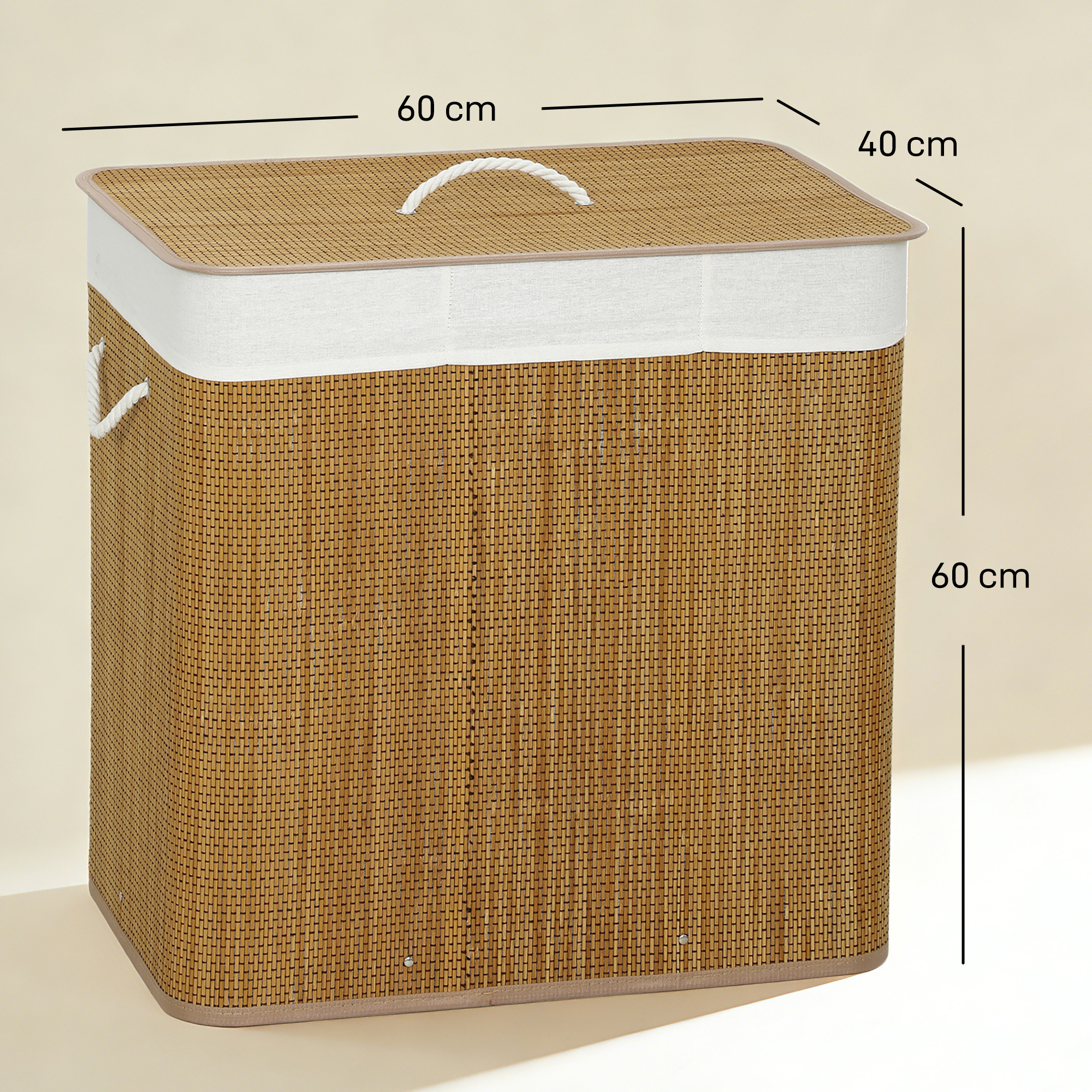 Cesto de ropa de bambú marrón, 60x40x60 cm, con forro de tela blanco y asa de cuerda.